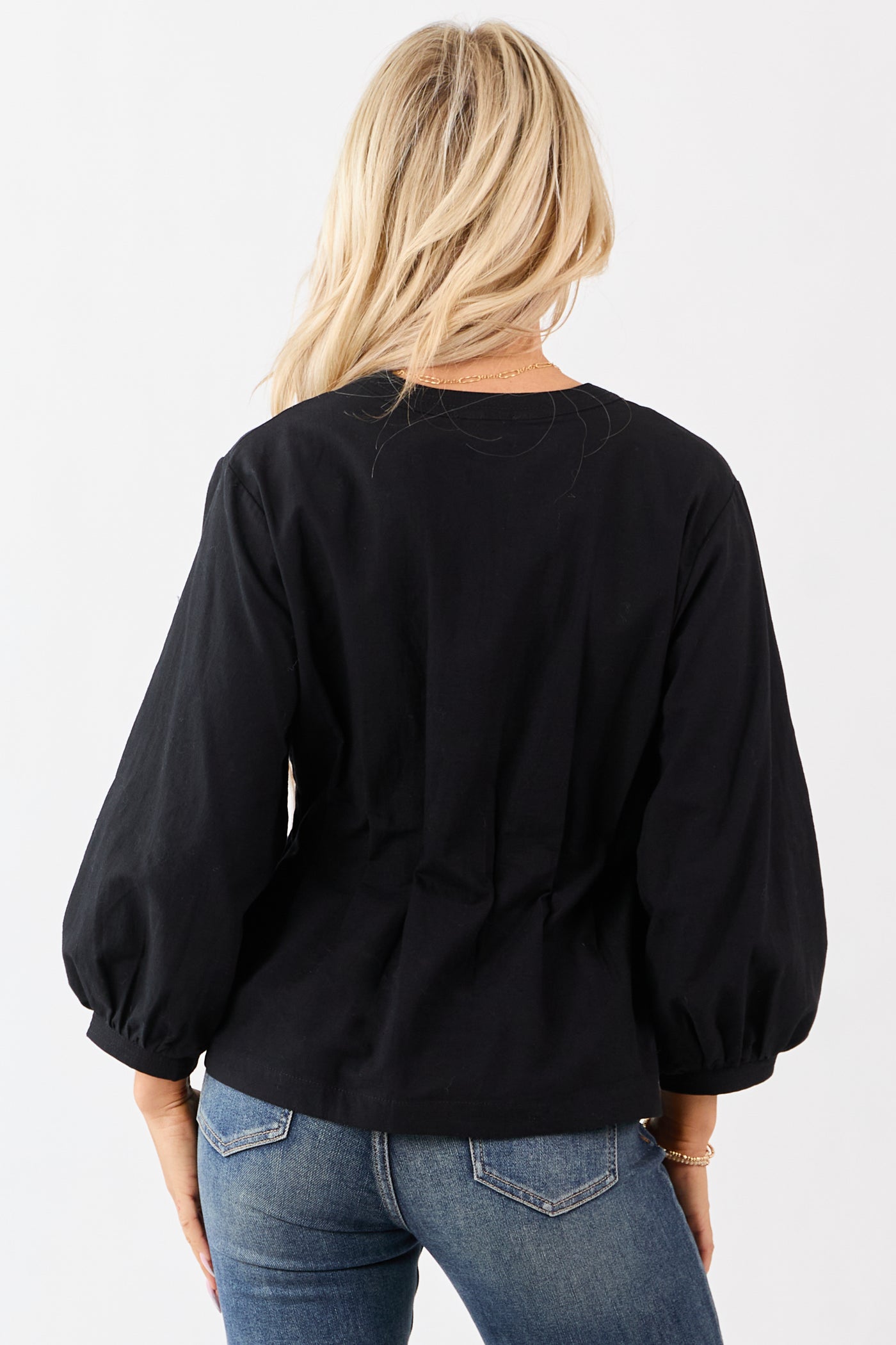 Entro Black V-Neck Long Sleeve Pleated Top