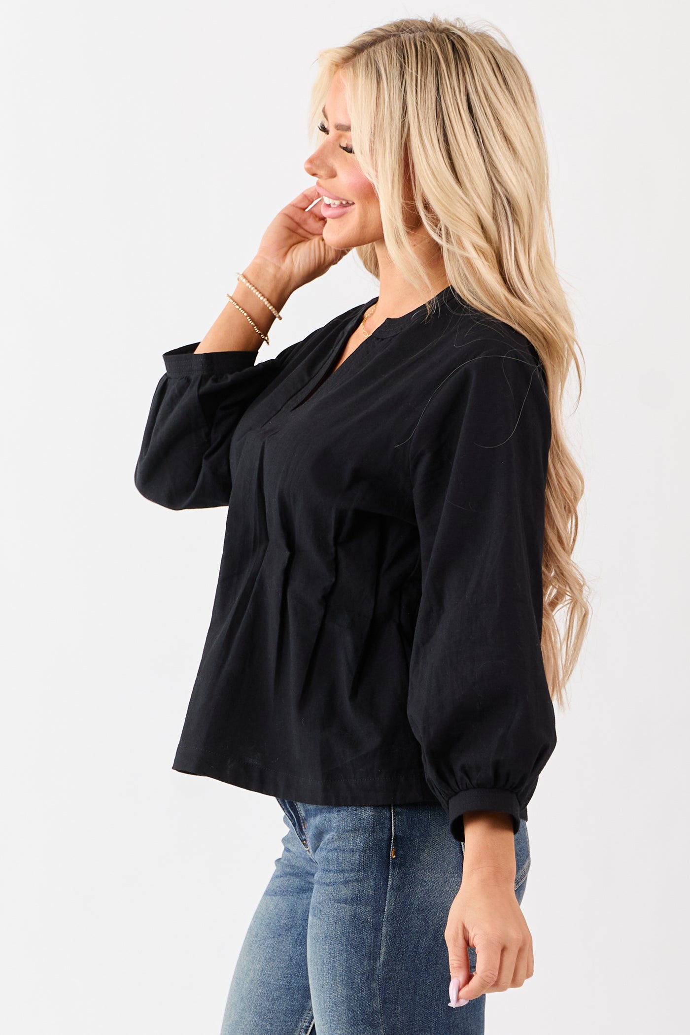 Entro Black V-Neck Long Sleeve Pleated Top