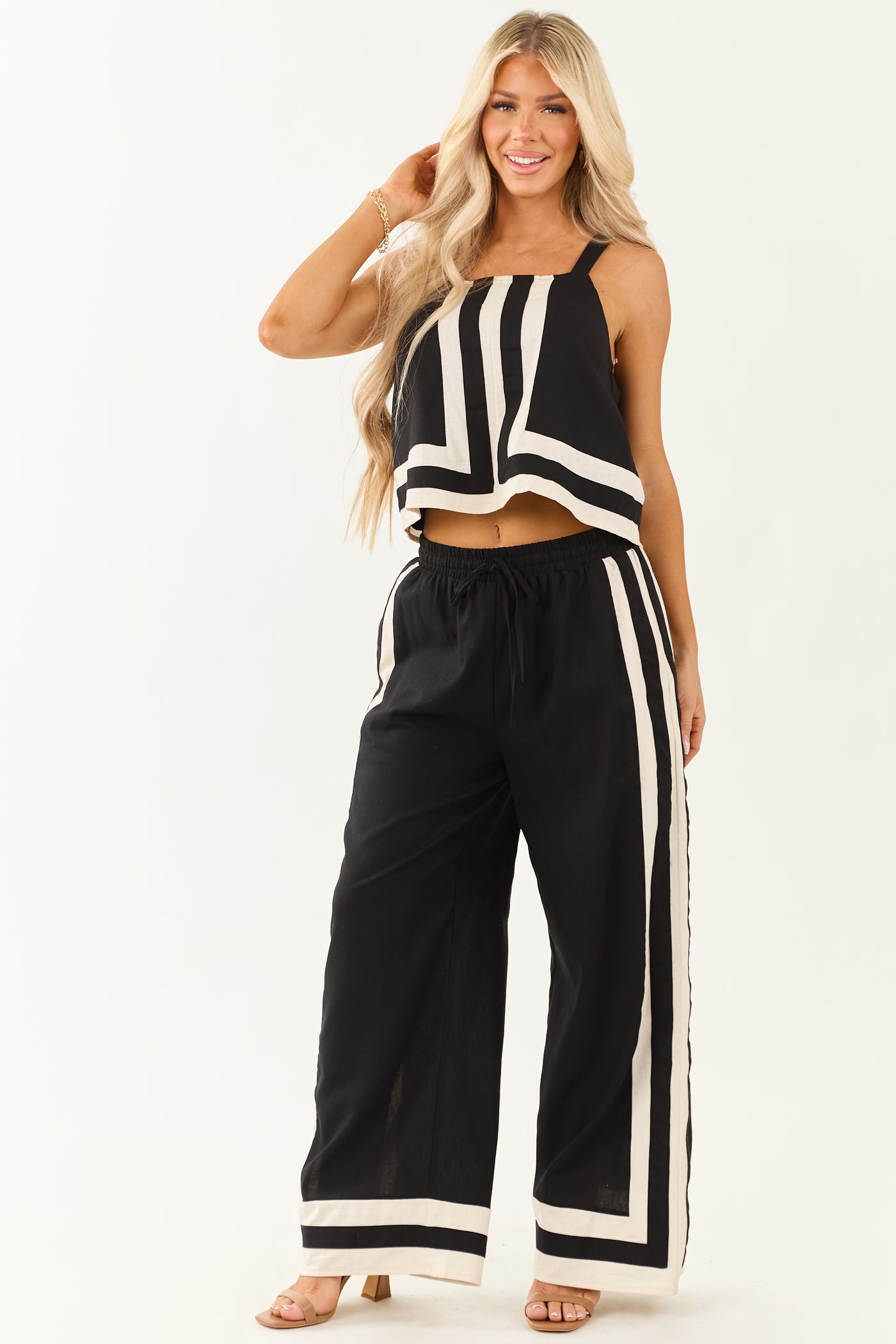 Entro Black Wide Leg Linen Blend Pants