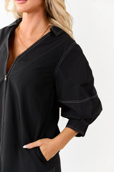 Entro Black Zip Up Collared 3/4 Sleeve Mini Dress