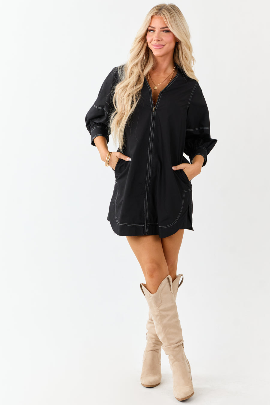 Entro Black Zip Up Collared 3/4 Sleeve Mini Dress