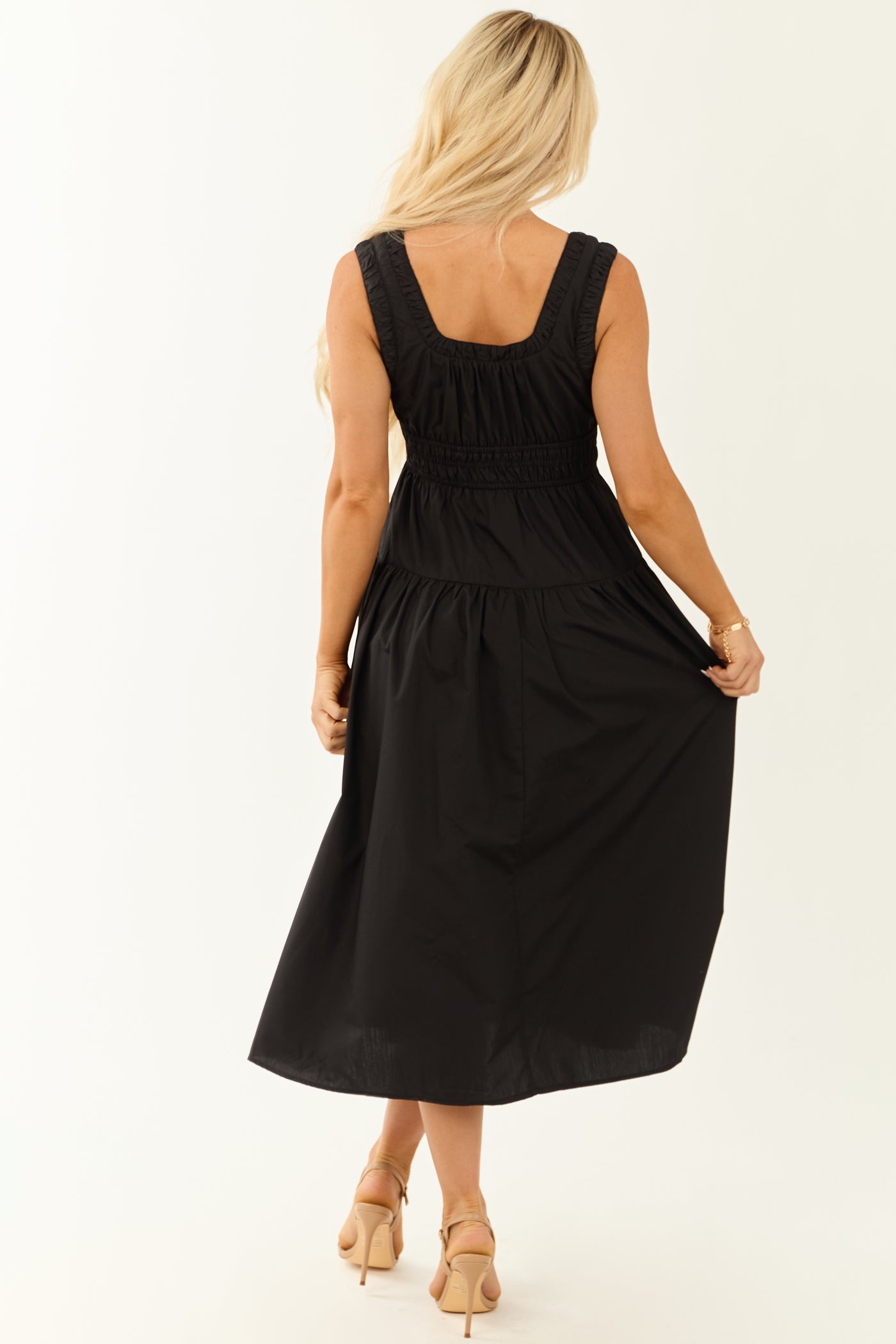 Entro Black Zip Up Ruched Waistband Midi Dress