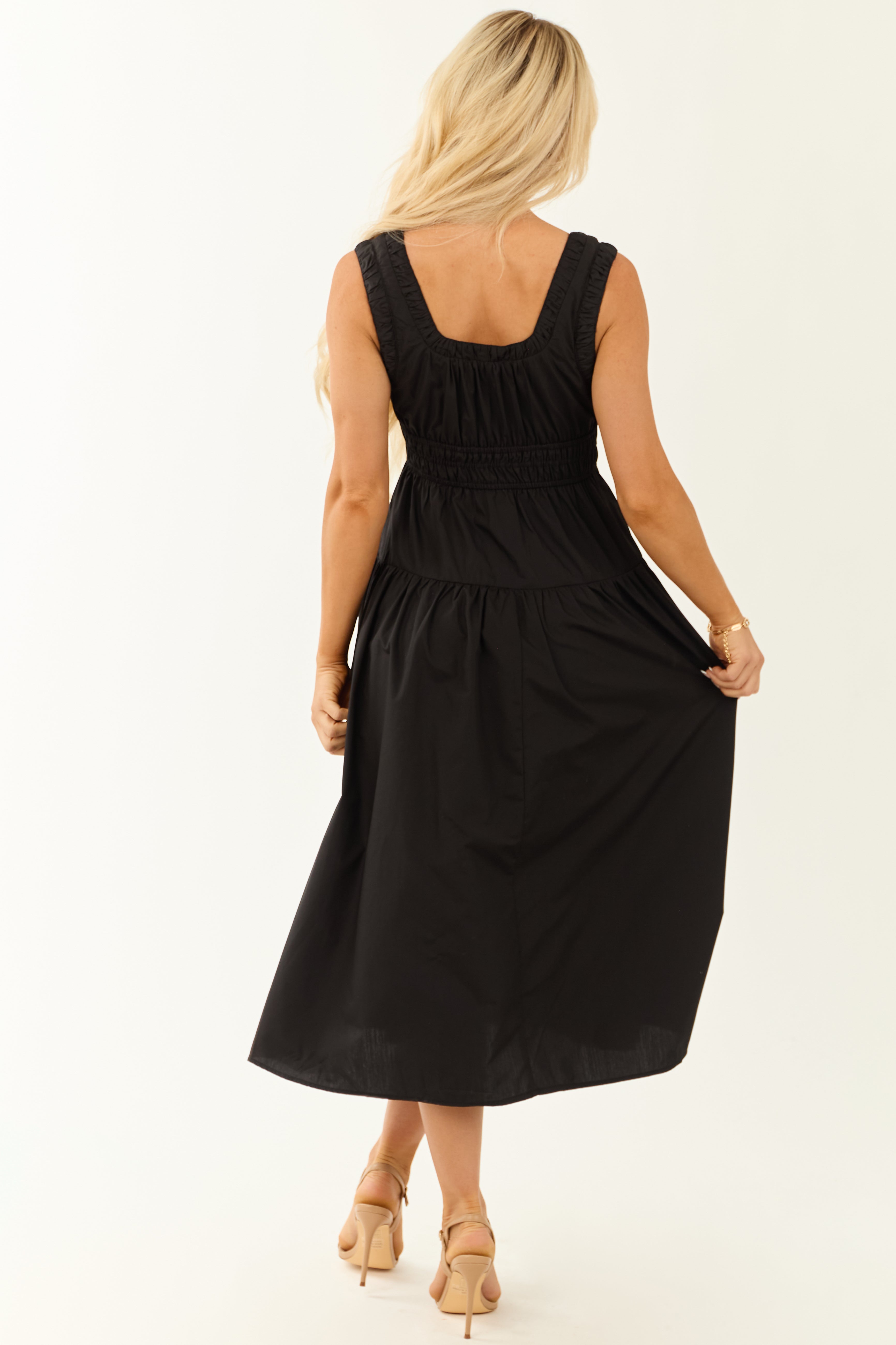 Entro Black Zip Up Ruched Waistband Midi Dress