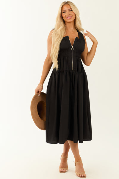 Entro Black Zip Up Ruched Waistband Midi Dress