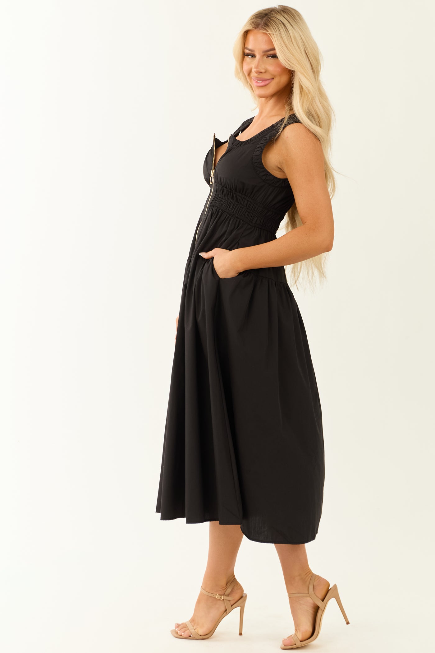 Entro Black Zip Up Ruched Waistband Midi Dress