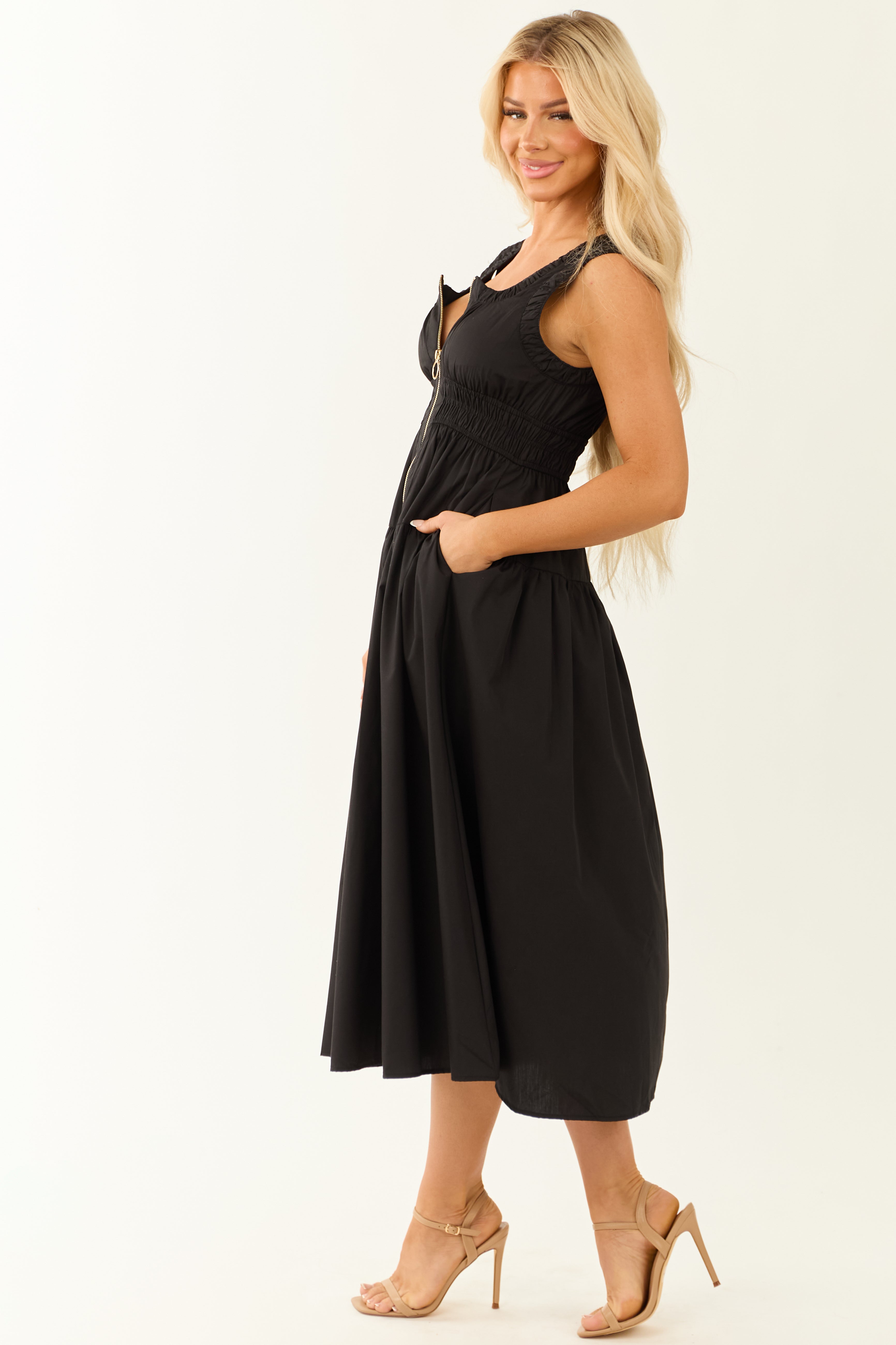 Entro Black Zip Up Ruched Waistband Midi Dress