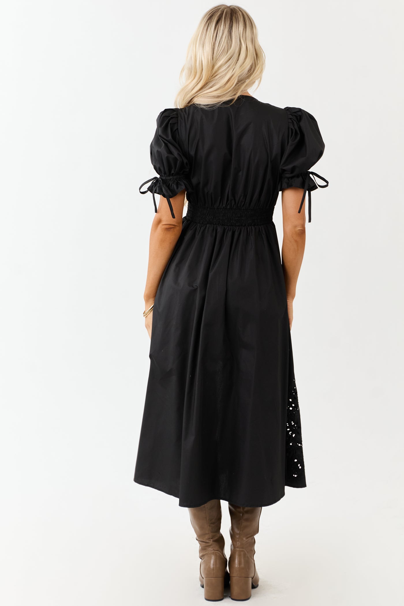 Entro Black Zip Up Short Puff Sleeve Midi Dress