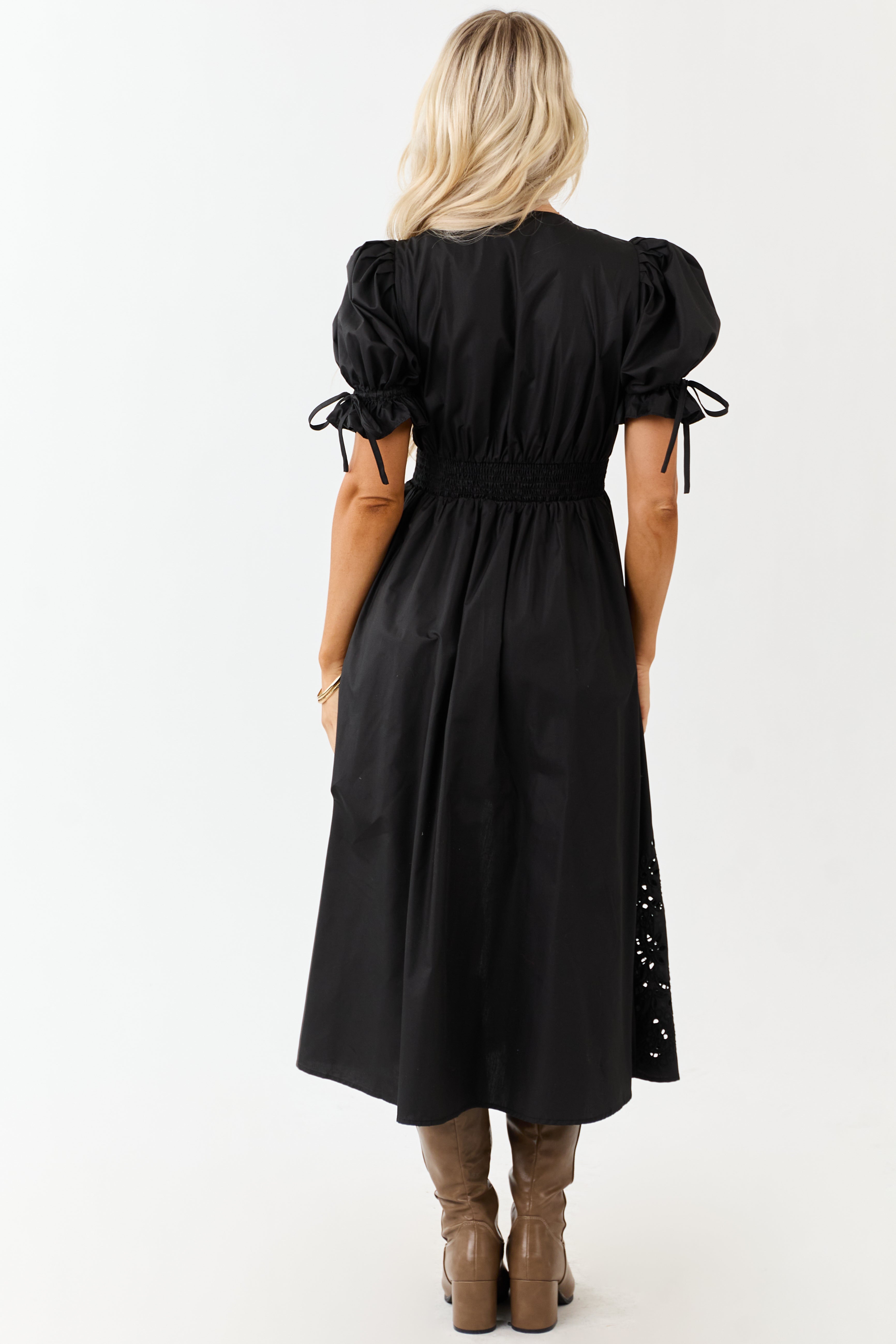 Entro Black Zip Up Short Puff Sleeve Midi Dress