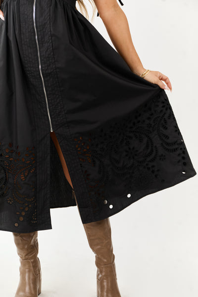 Entro Black Zip Up Short Puff Sleeve Midi Dress