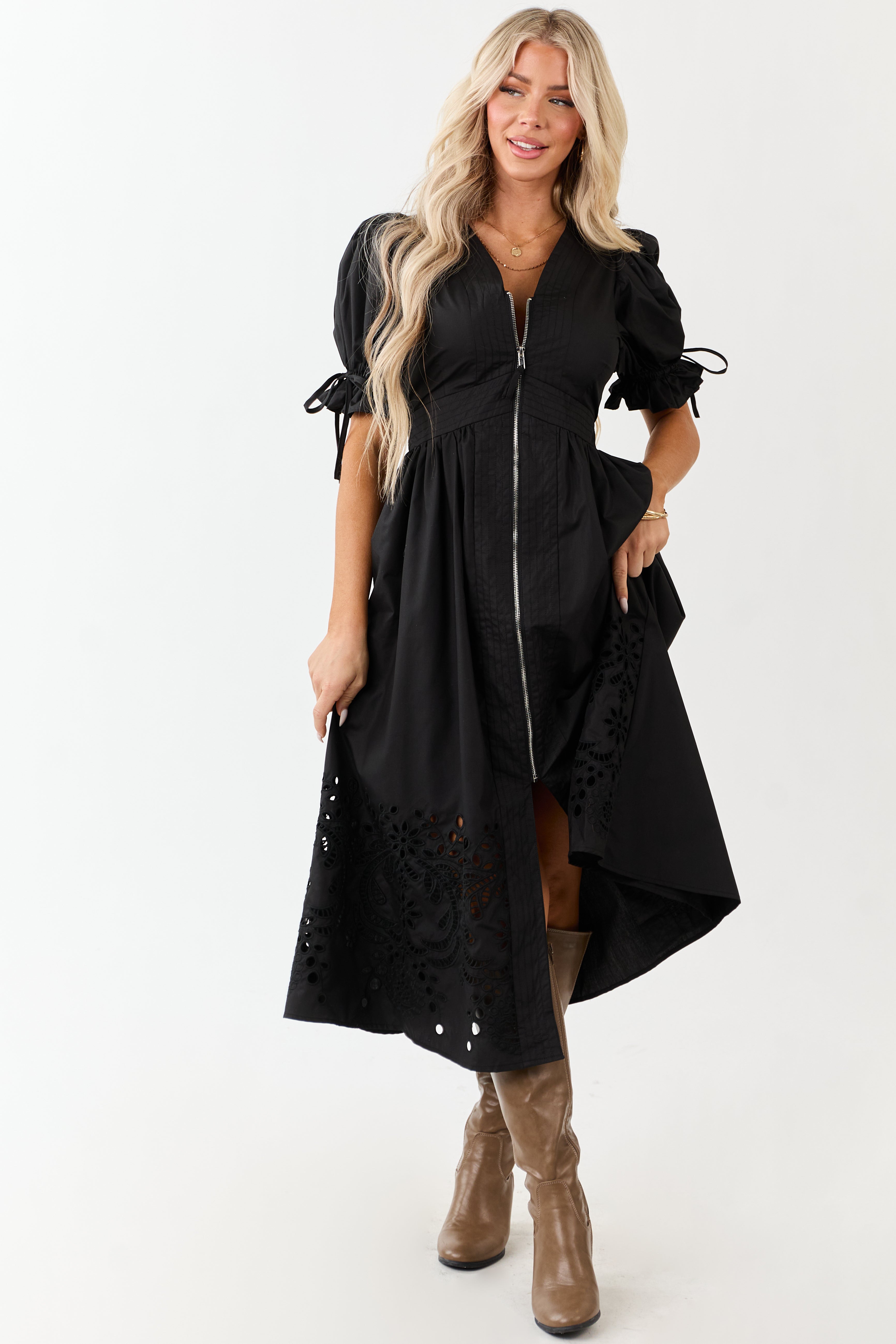 Entro Black Zip Up Short Puff Sleeve Midi Dress | Lime Lush Boutique