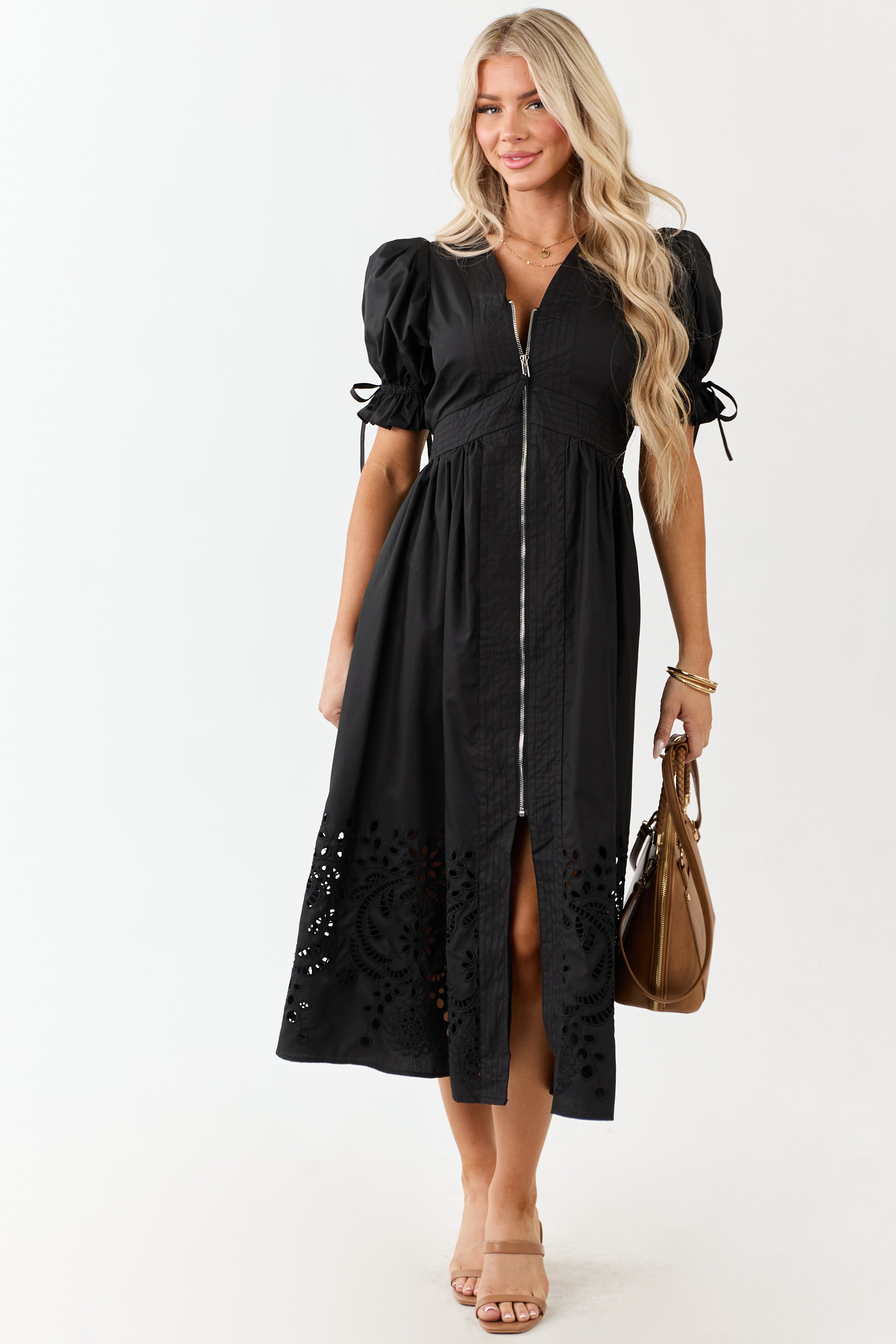Entro Black Zip Up Short Puff Sleeve Midi Dress | Lime Lush Boutique