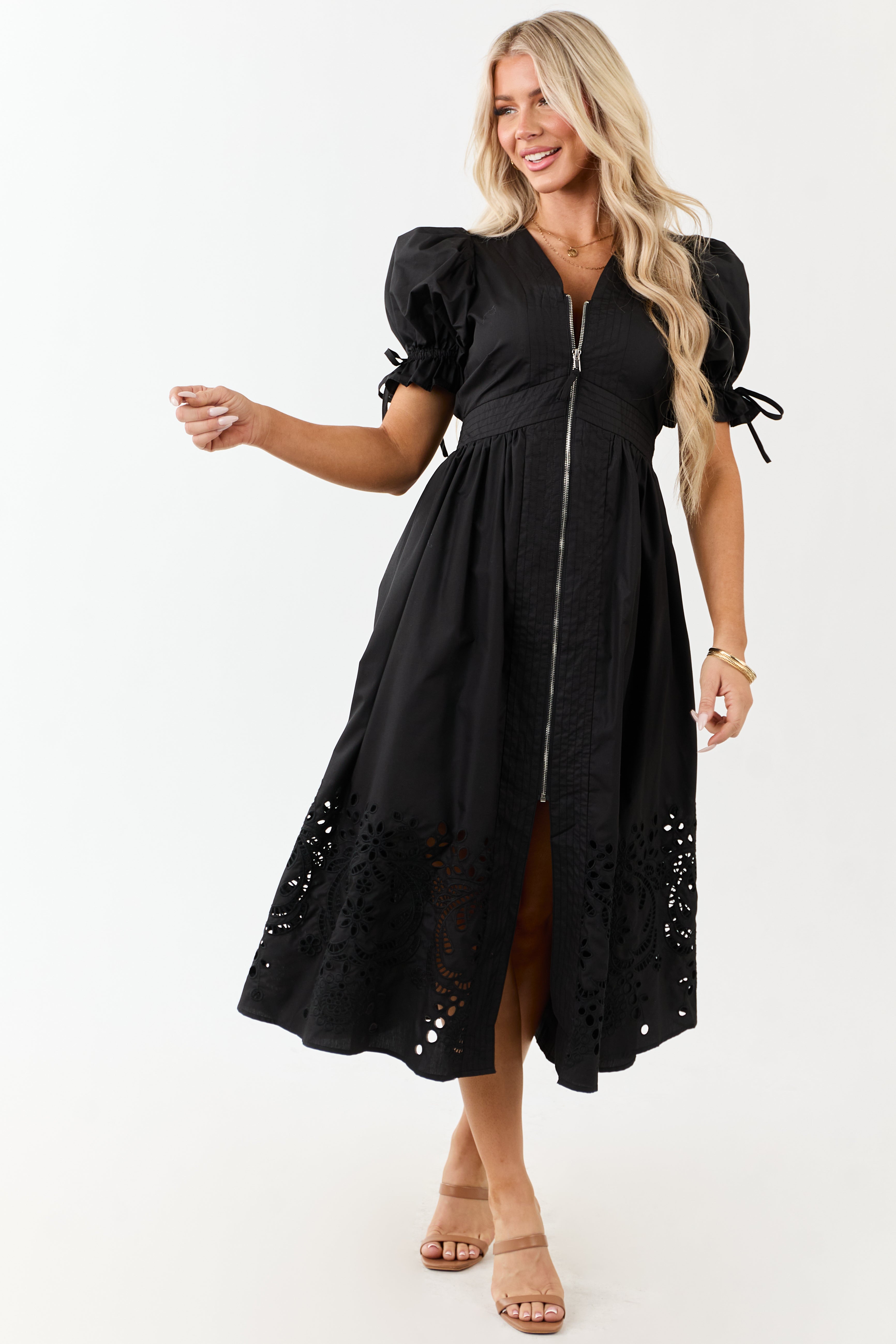 Entro Black Zip Up Short Puff Sleeve Midi Dress