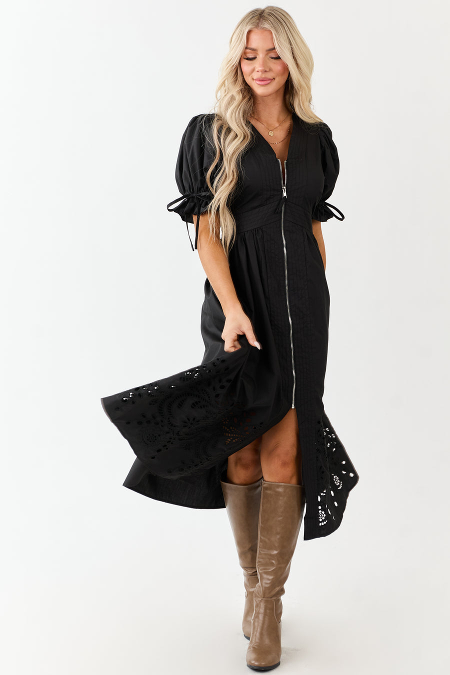 Entro Black Zip Up Short Puff Sleeve Midi Dress