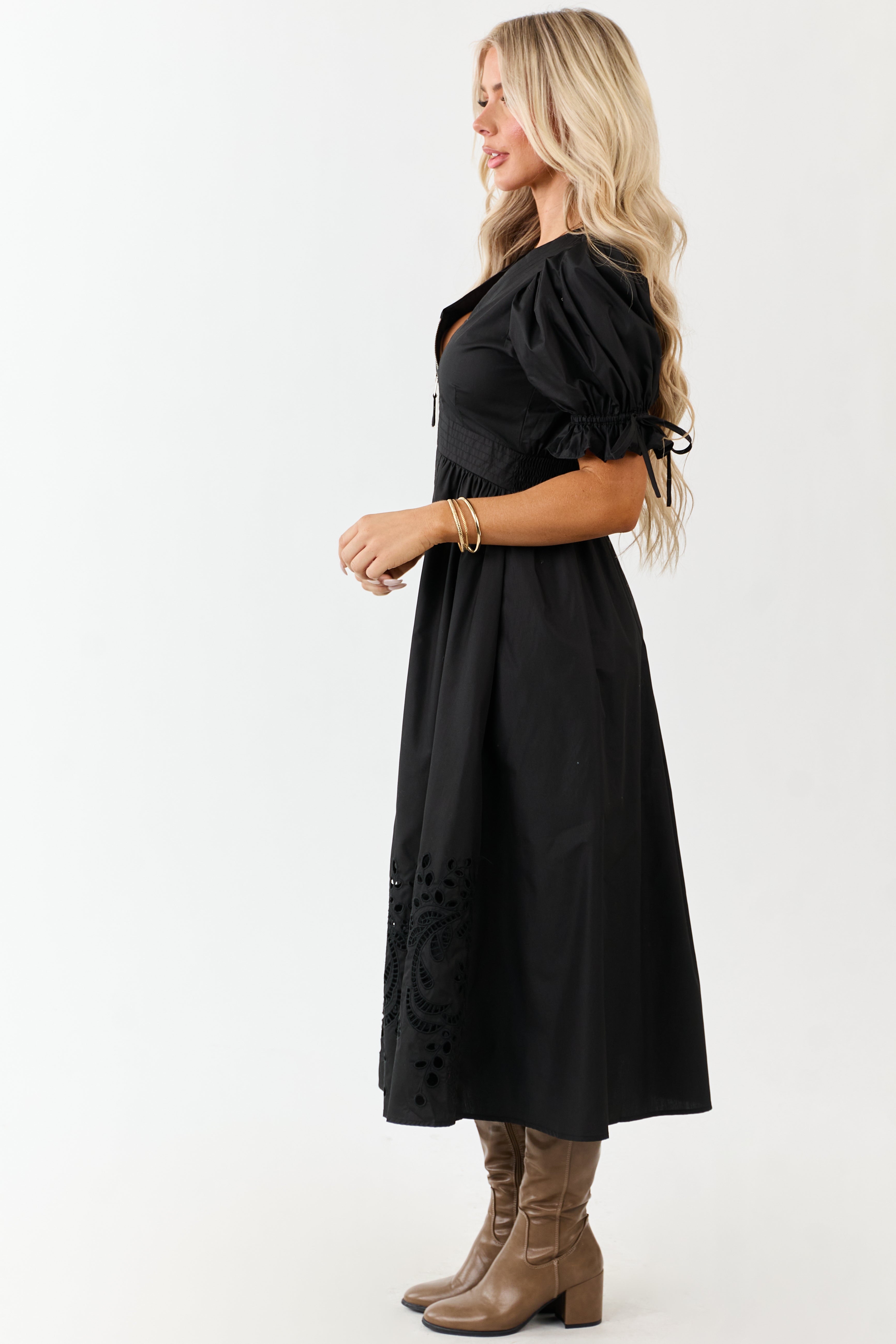Entro Black Zip Up Short Puff Sleeve Midi Dress