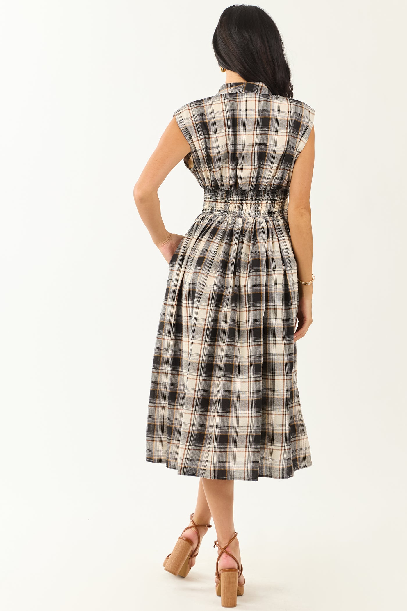 Entro Black and Cream Plaid Cotton Midi Dress