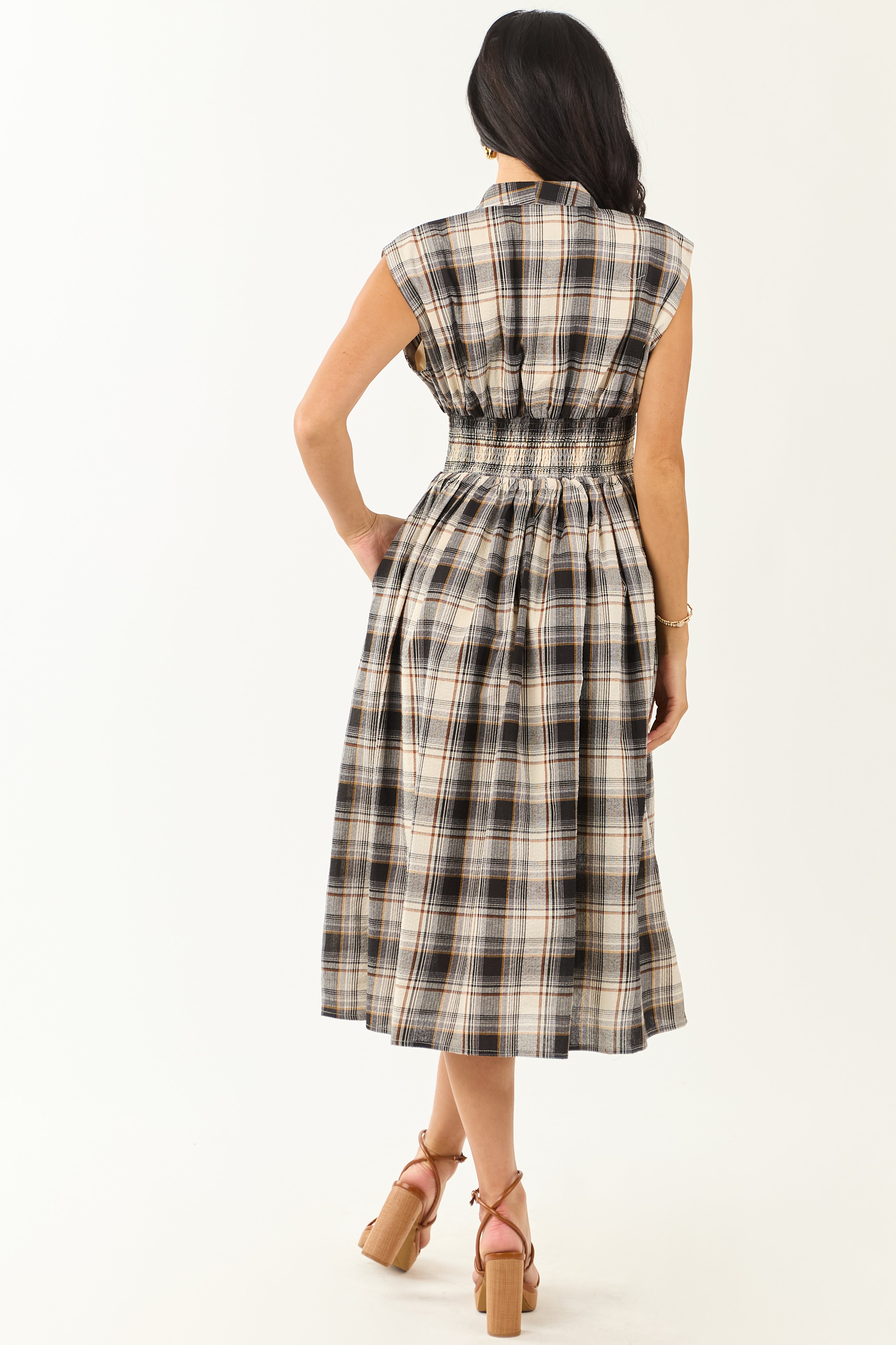 Entro Black and Cream Plaid Cotton Midi Dress