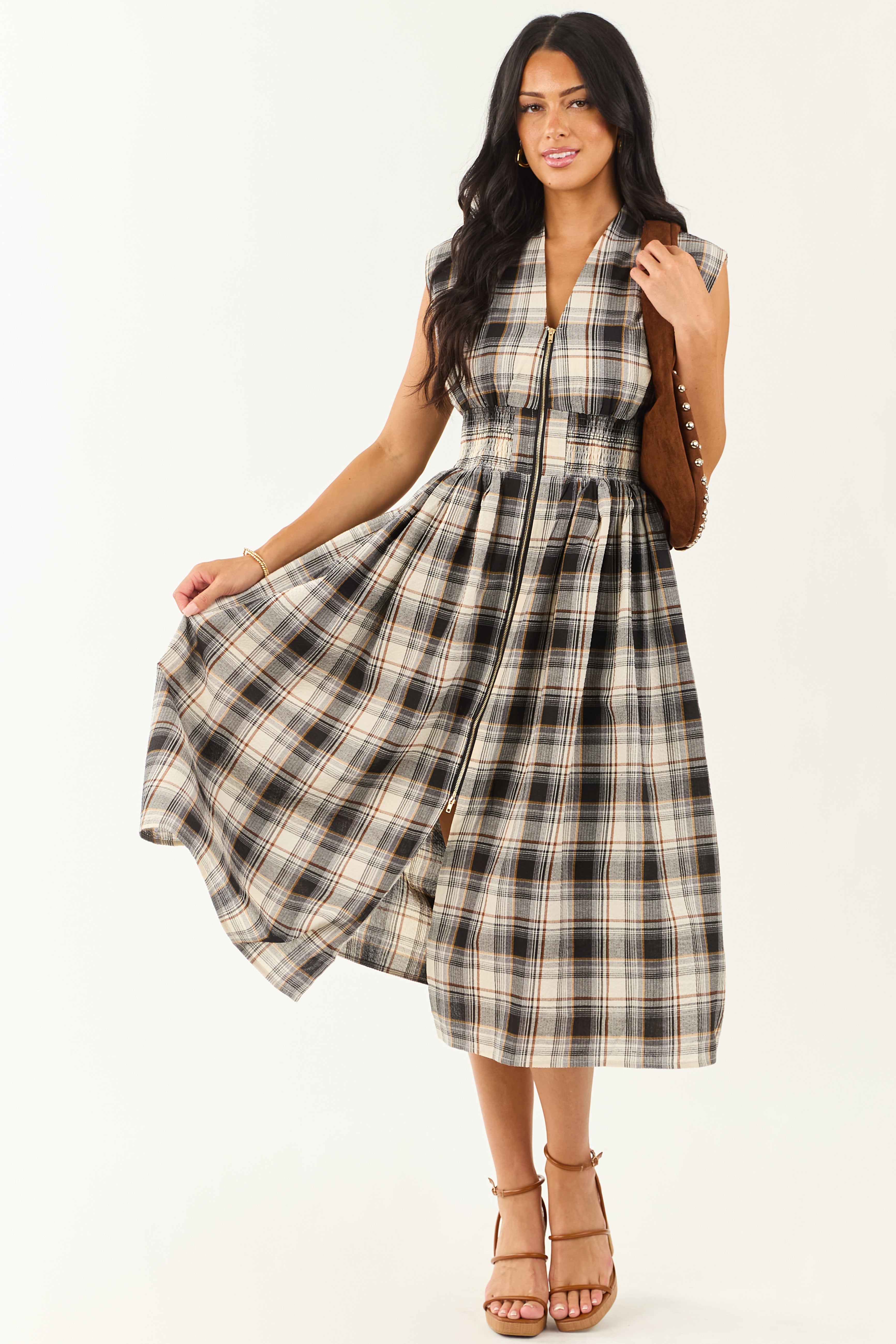 Entro Black and Cream Plaid Cotton Midi Dress Entro Black and Cream Plaid Cotton Midi Dress