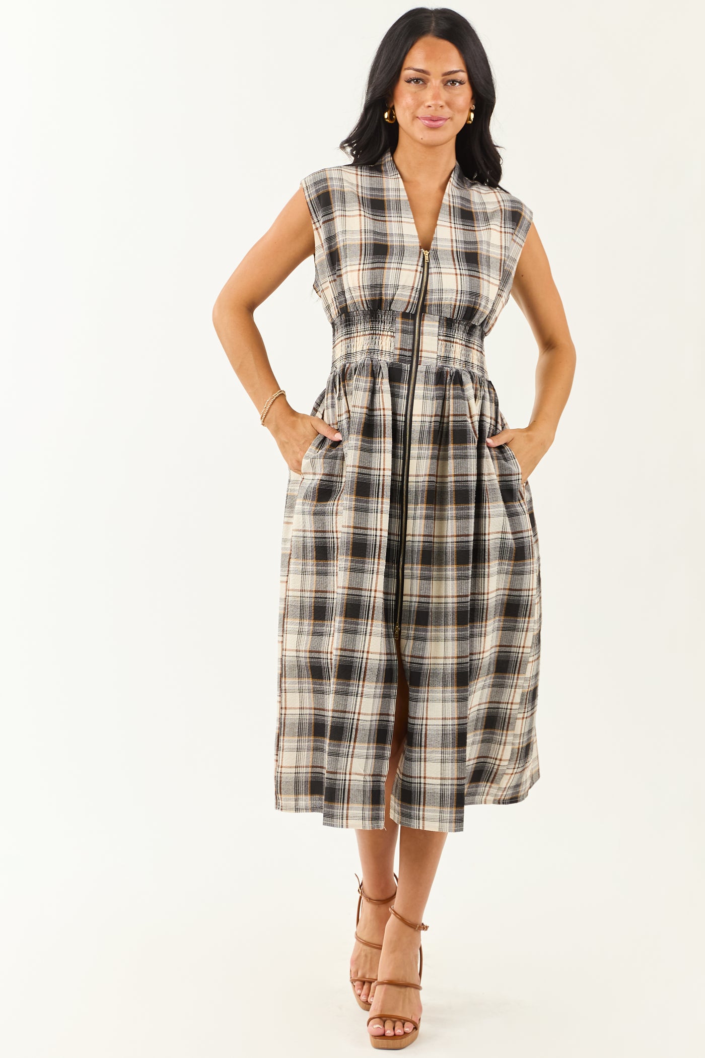 Entro Black and Cream Plaid Cotton Midi Dress