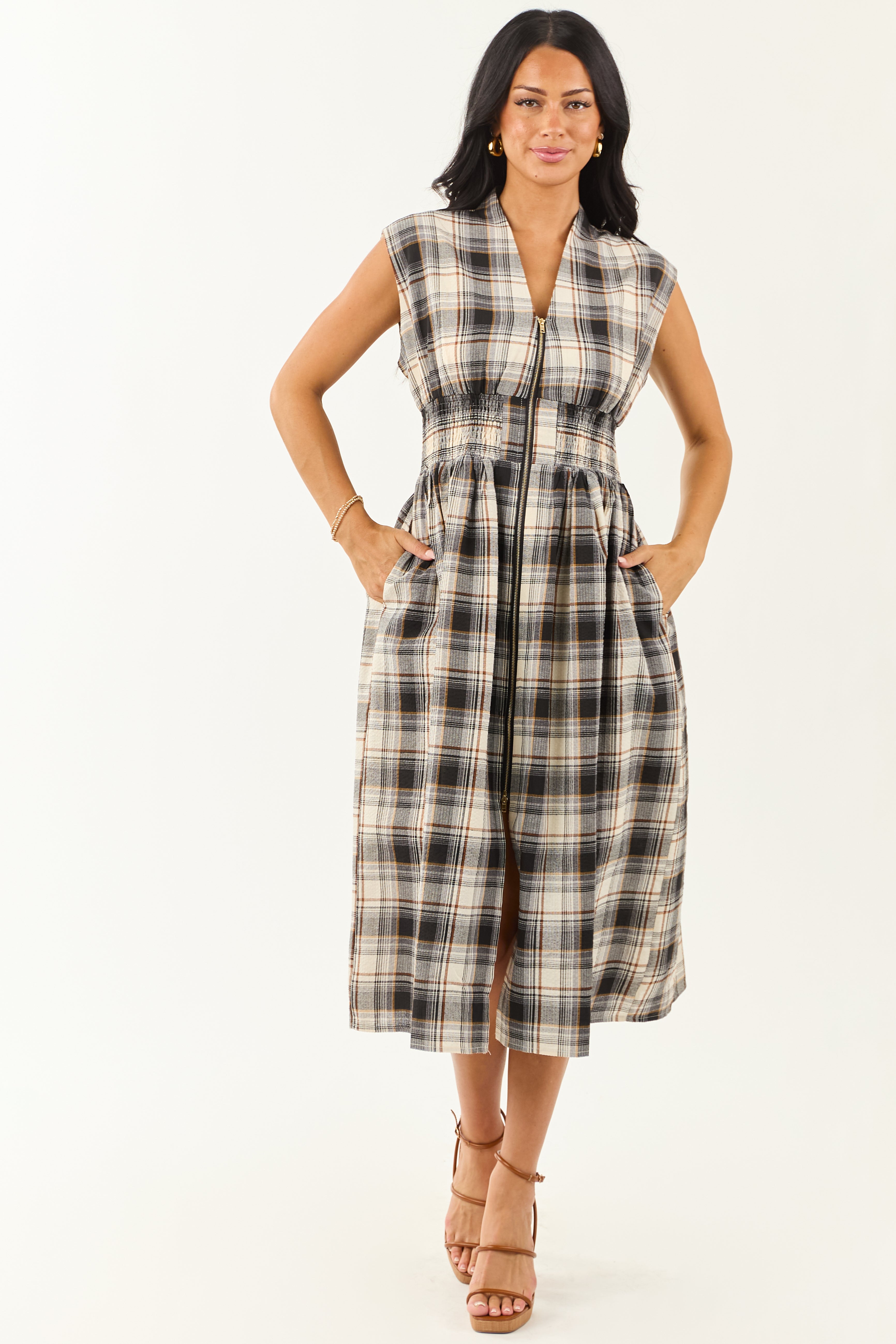 Entro Black and Cream Plaid Cotton Midi Dress
