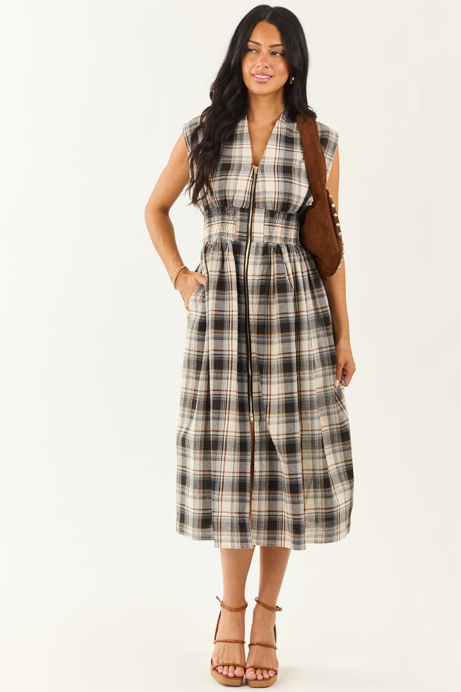 Entro Black and Cream Plaid Cotton Midi Dress