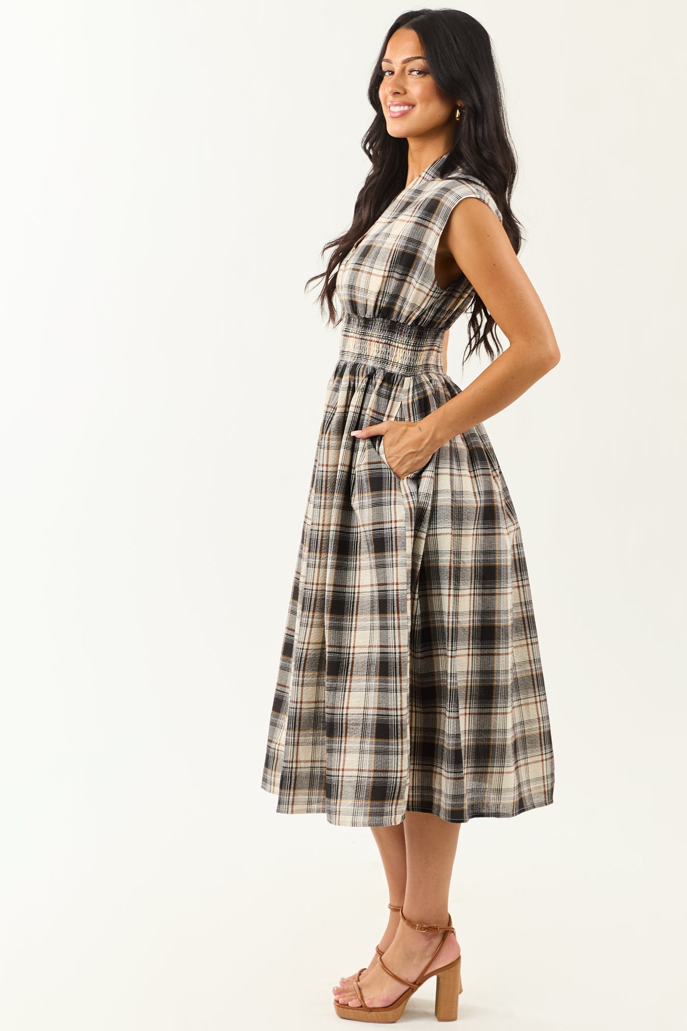 Entro Black and Cream Plaid Cotton Midi Dress