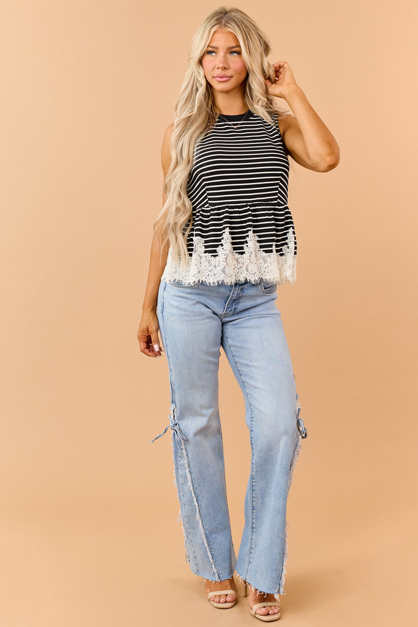 Entro Black and Ivory Striped Lace Hem Tank Top