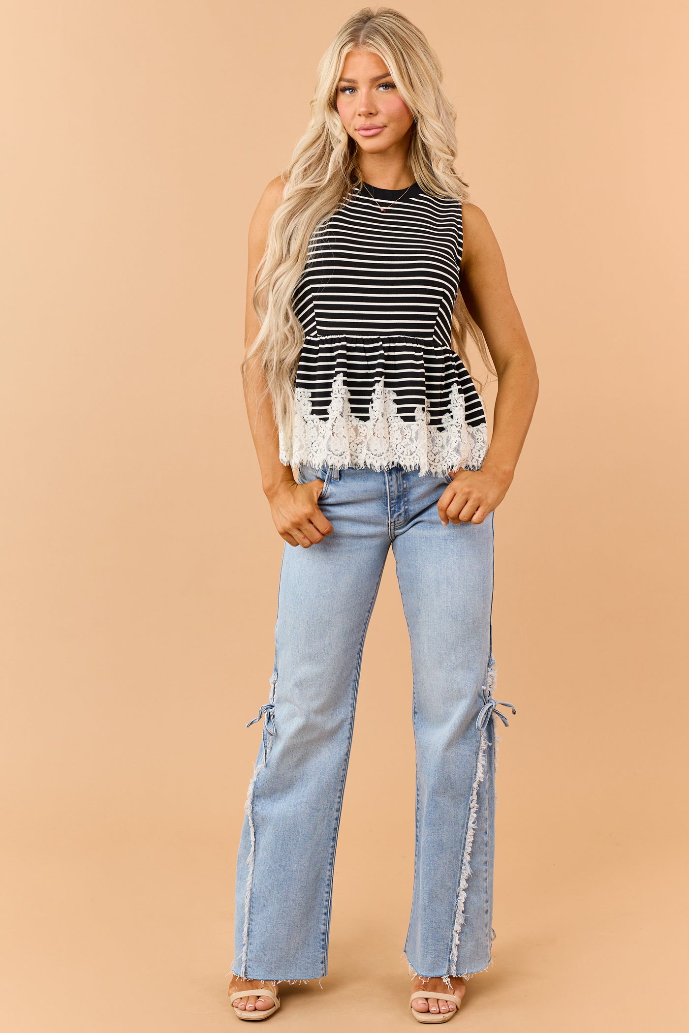 Entro Black and Ivory Striped Lace Hem Tank Top