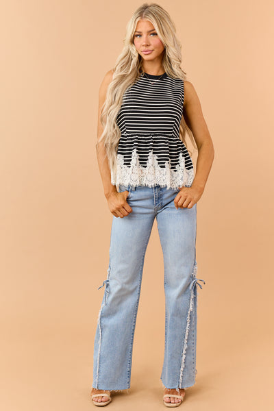 Entro Black and Ivory Striped Lace Hem Tank Top