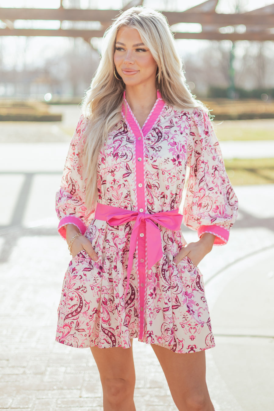 Entro Blush Damask Print 3/4 Sleeve Cotton Mini Dress