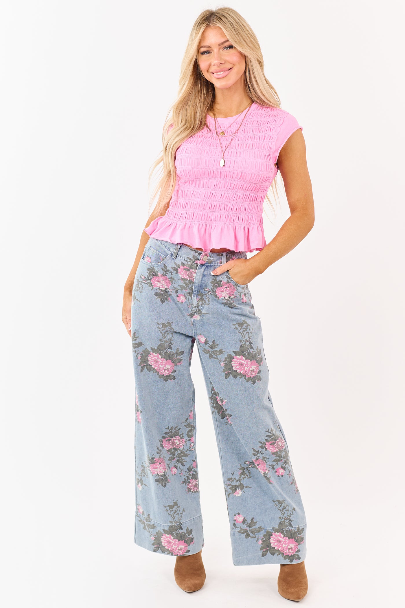 Entro Bright Bubblegum Smocked Short Sleeve Top