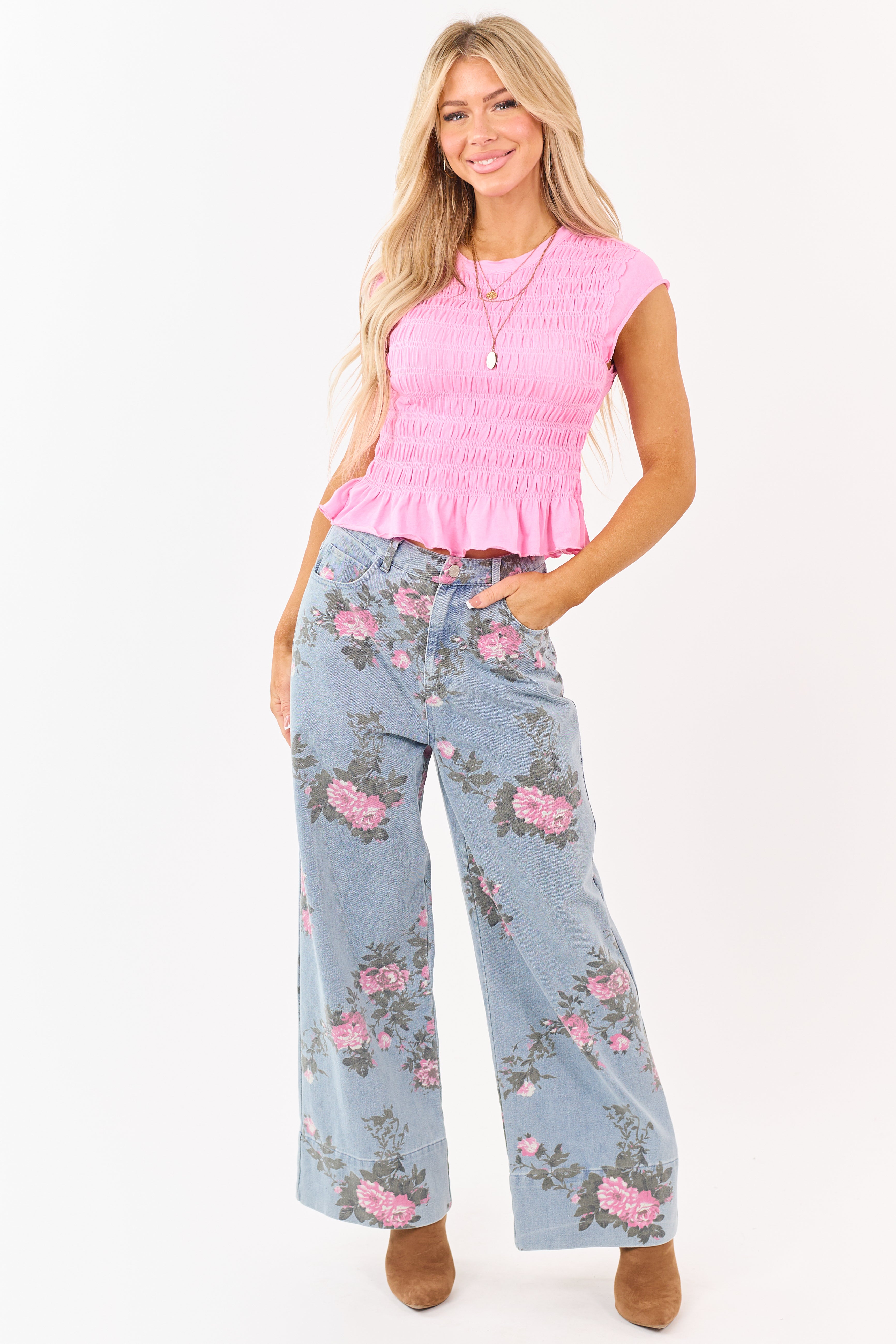 Entro Bright Bubblegum Smocked Short Sleeve Top