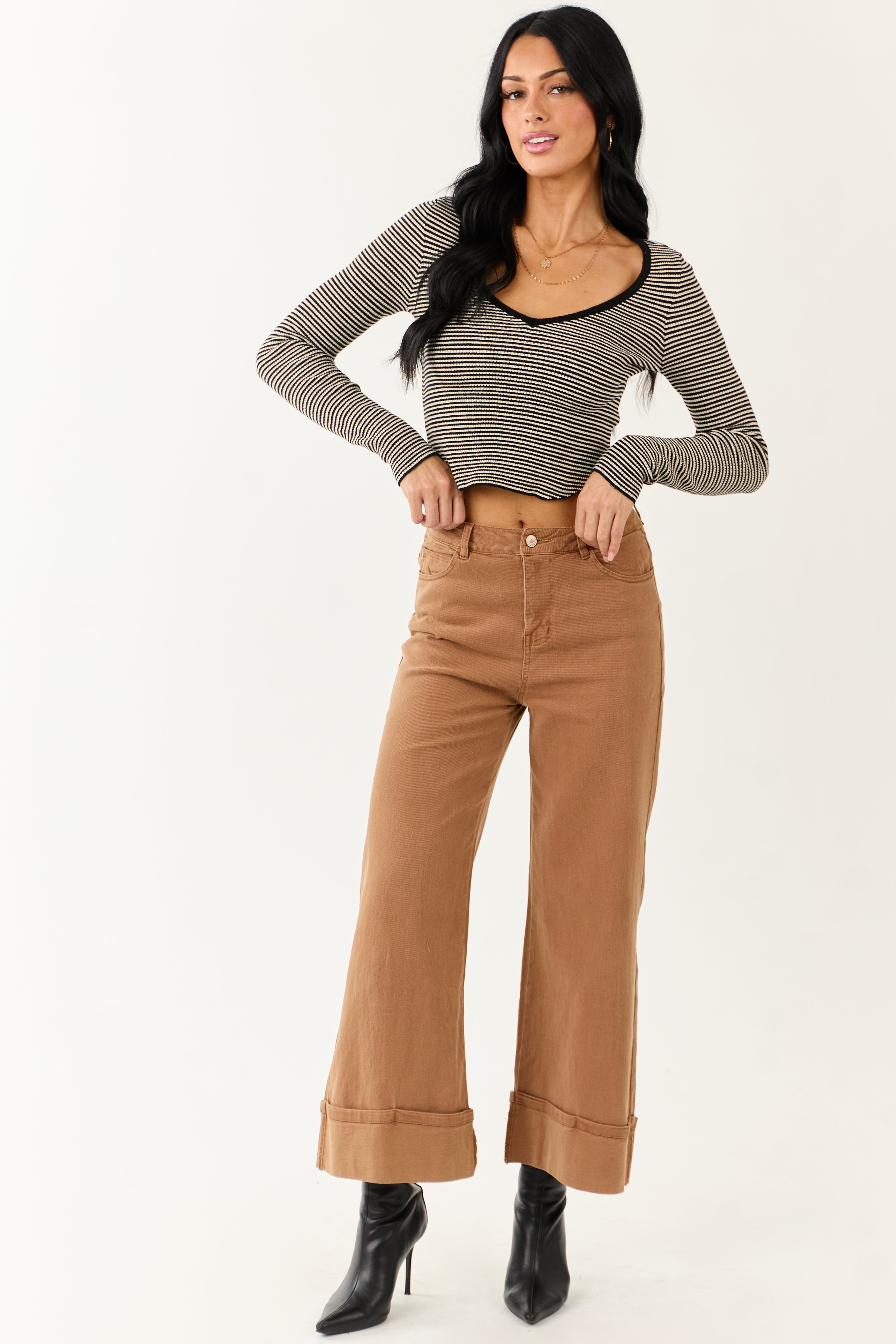 Entro Brown Sugar Cuffed Wide Leg Stretchy Jeans | Lime Lush Boutique
