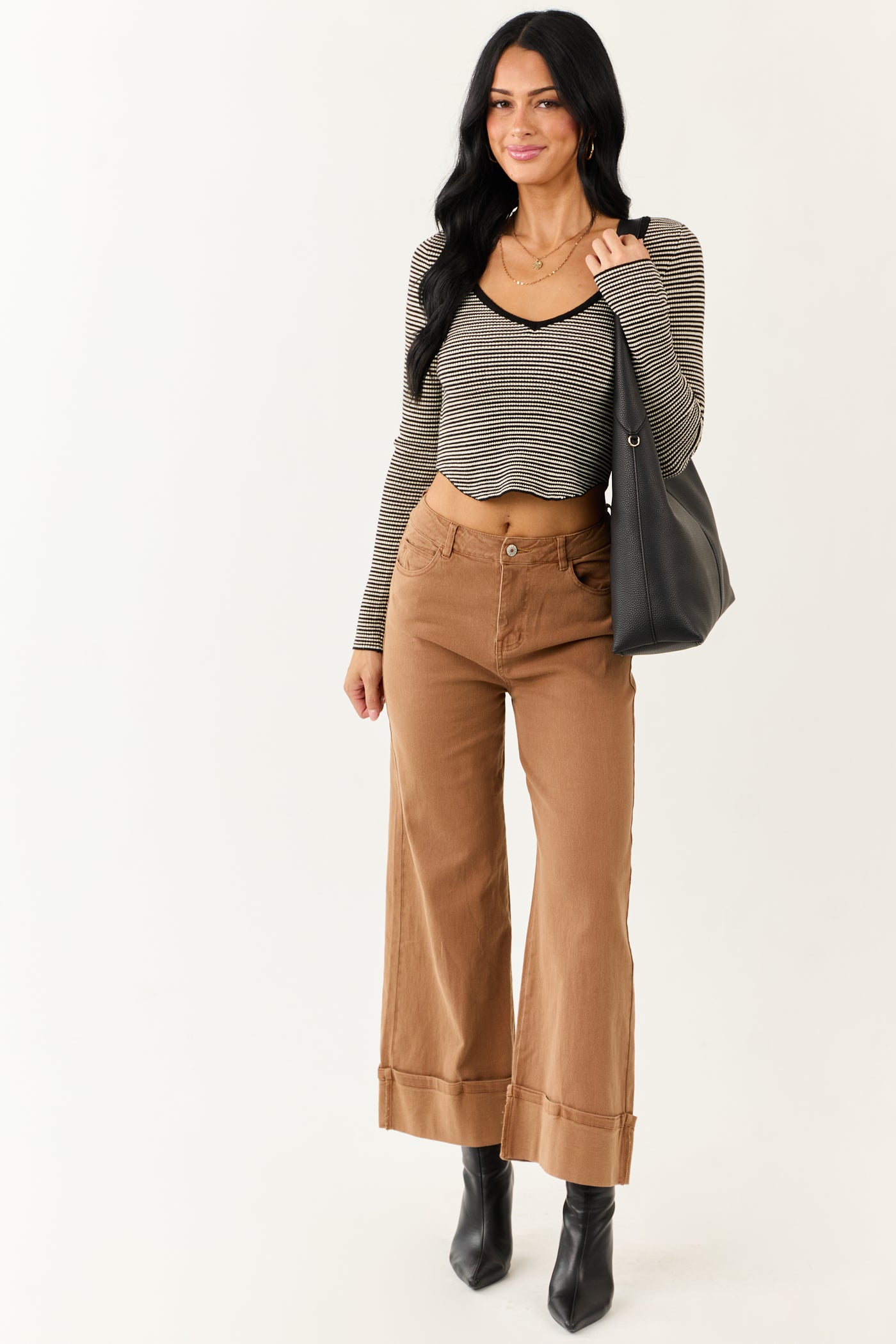 Entro Brown Sugar Cuffed Wide Leg Stretchy Jeans