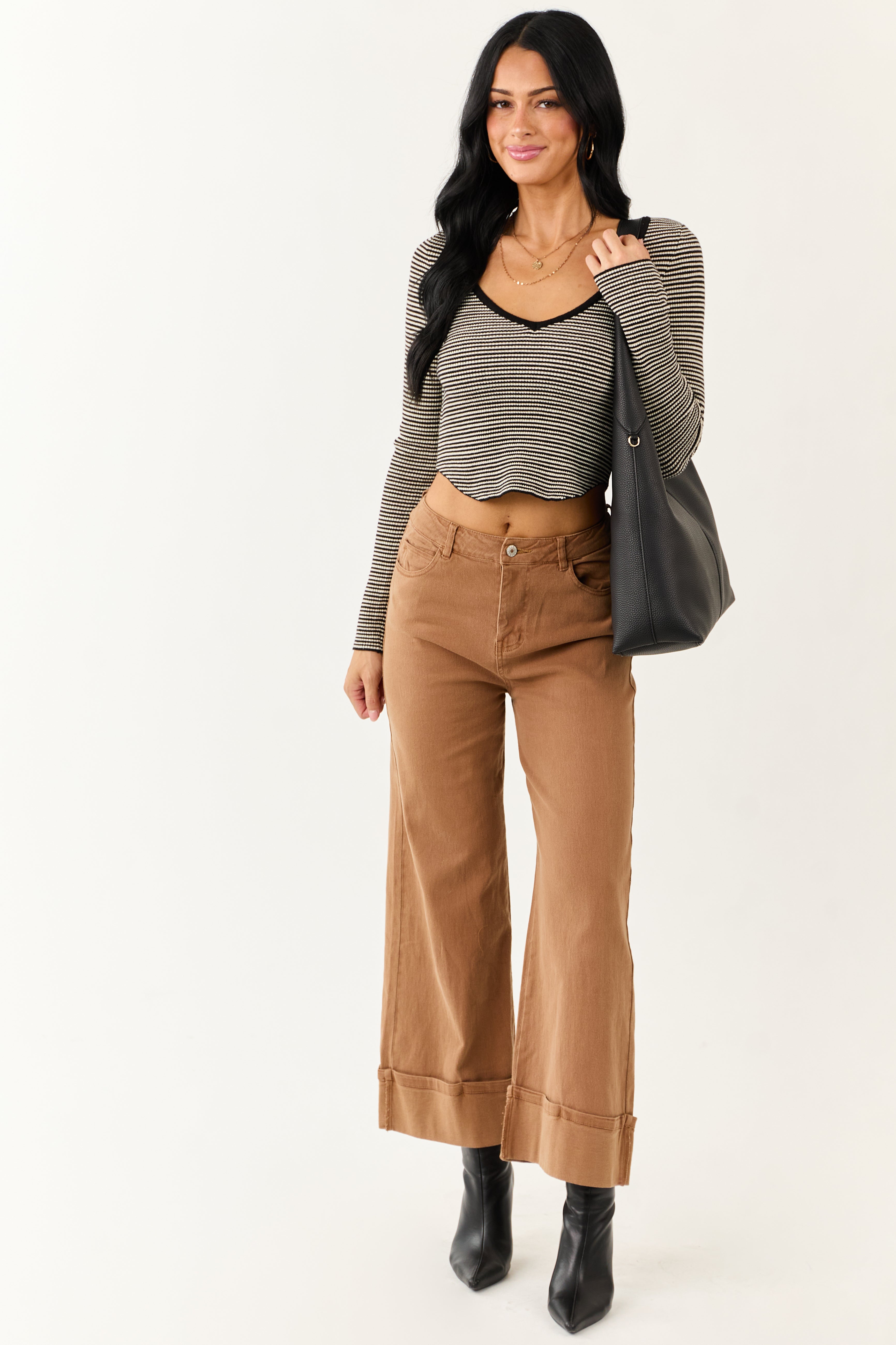 Entro Brown Sugar Cuffed Wide Leg Stretchy Jeans