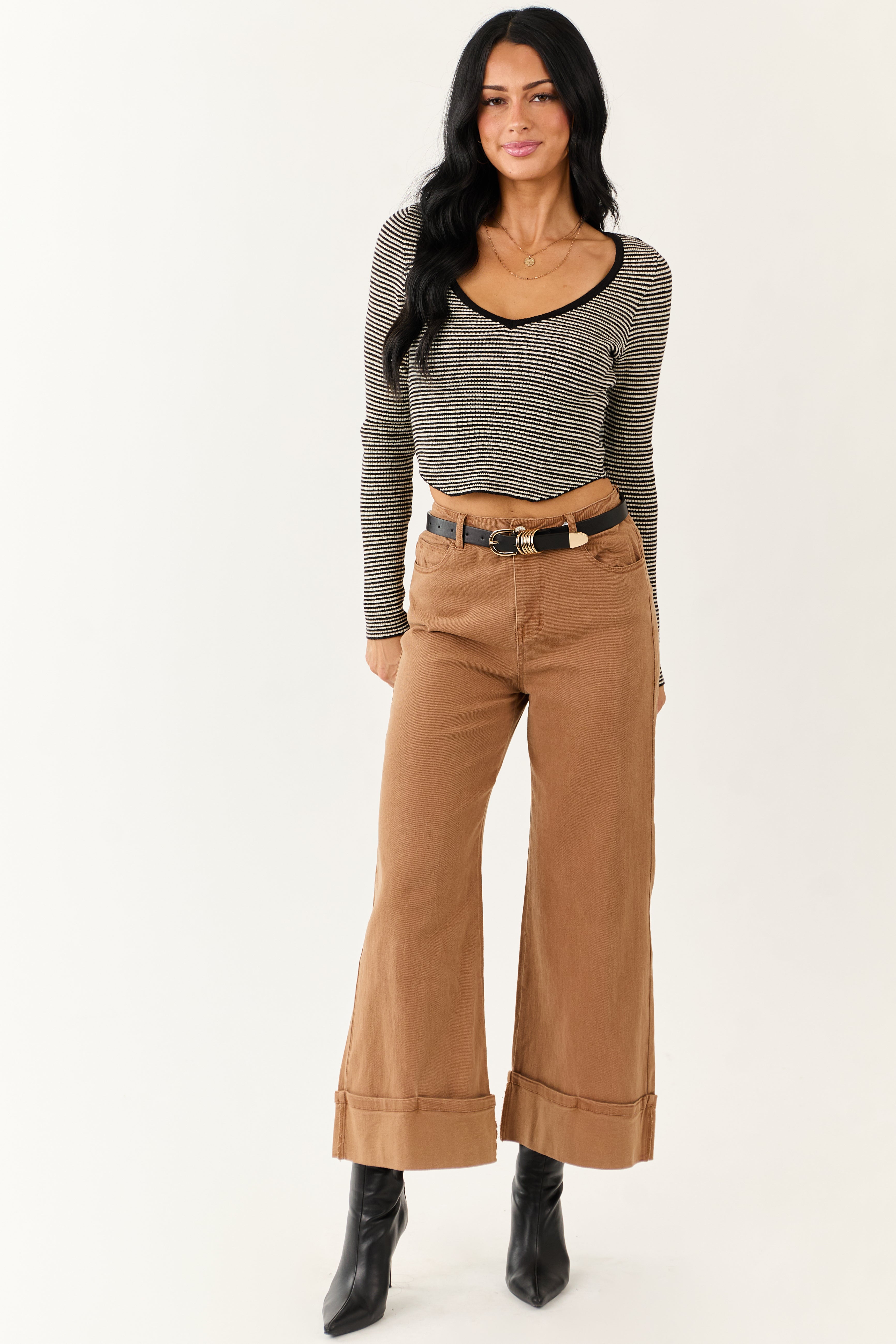 Entro Brown Sugar Cuffed Wide Leg Stretchy Jeans