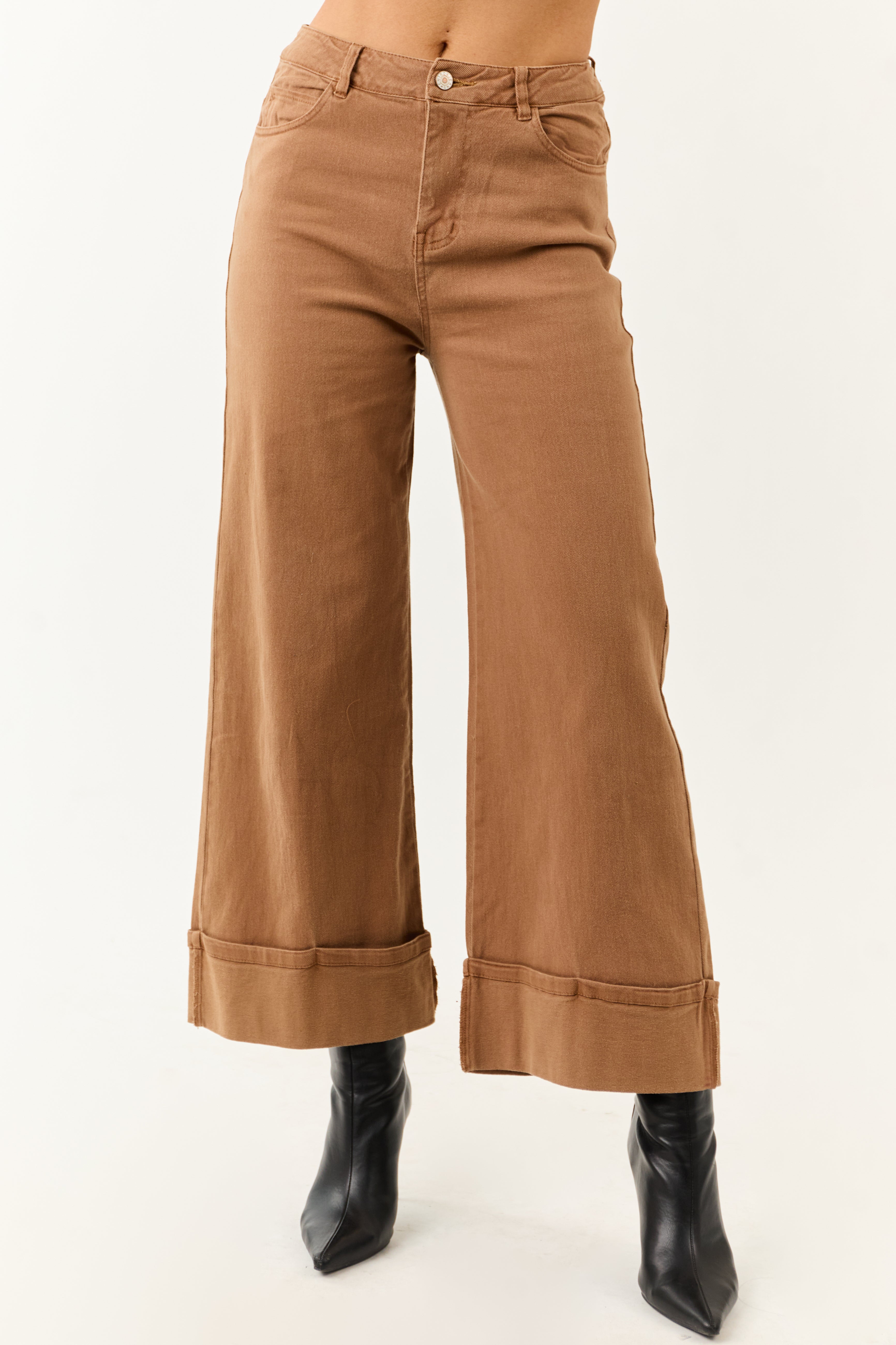 Entro Brown Sugar Cuffed Wide Leg Stretchy Jeans | Lime Lush Boutique