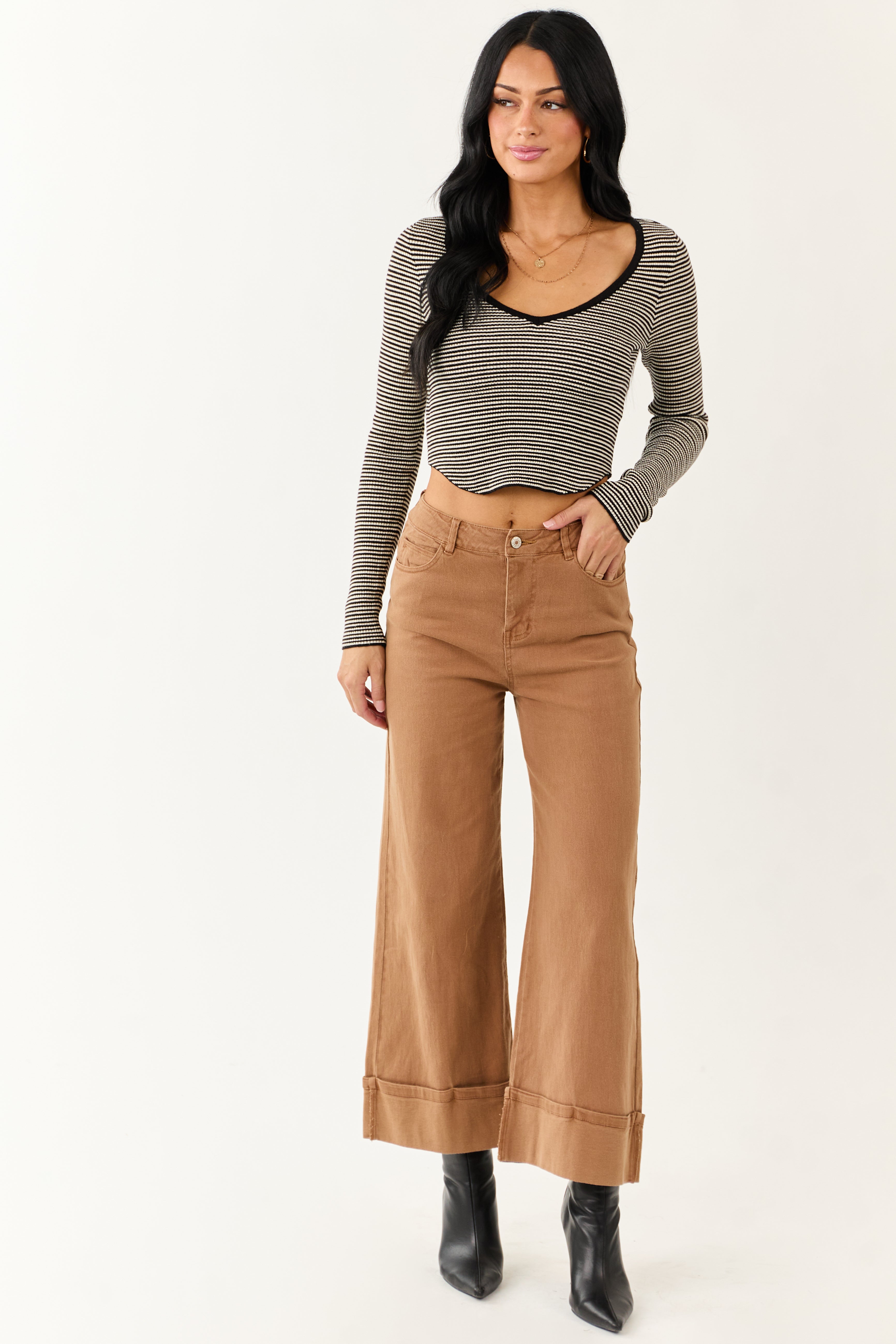 Entro Brown Sugar Cuffed Wide Leg Stretchy Jeans | Lime Lush Boutique