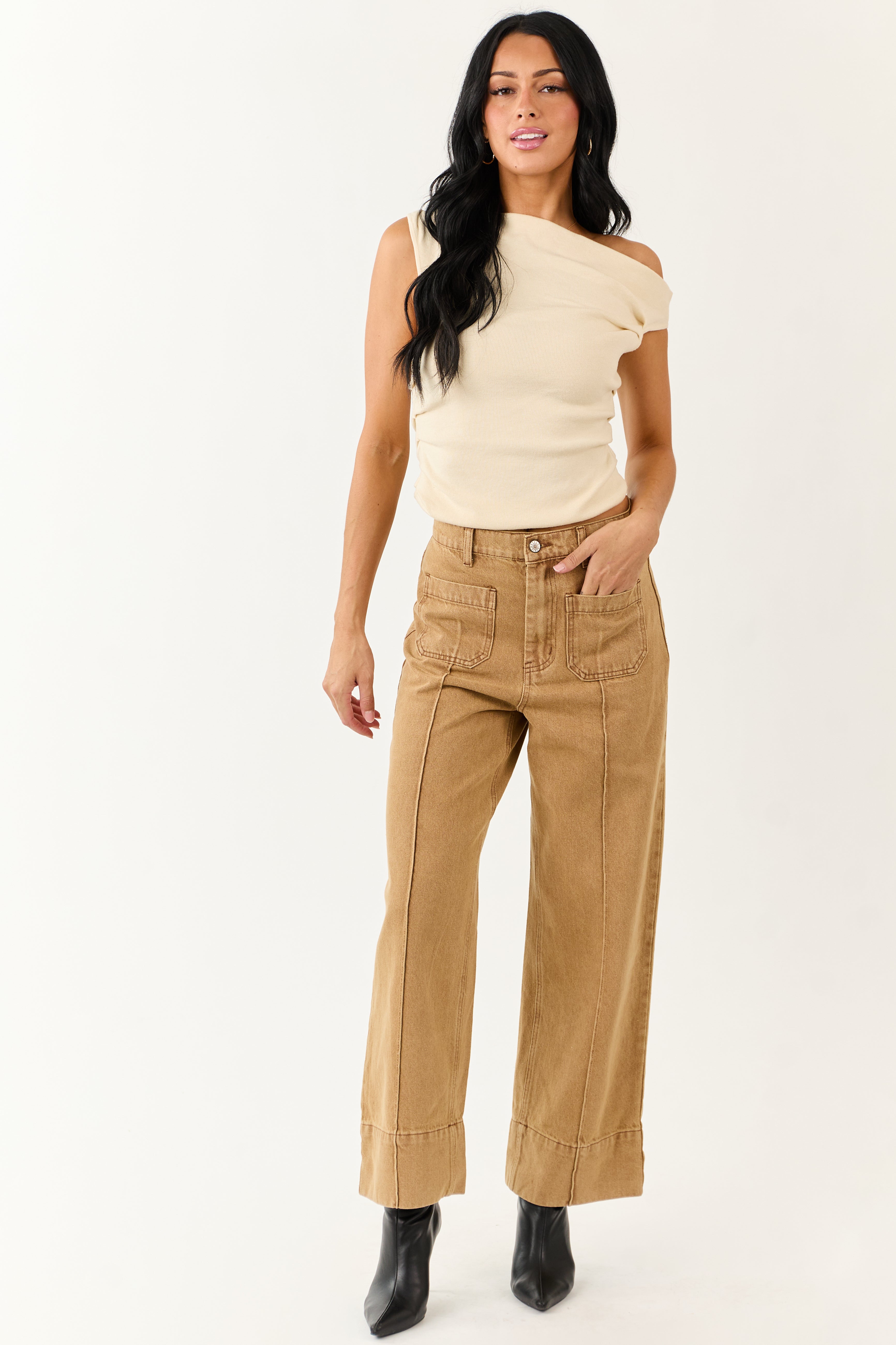 Entro Brown Sugar High Rise Straight Leg Denim Pants | Lime Lush