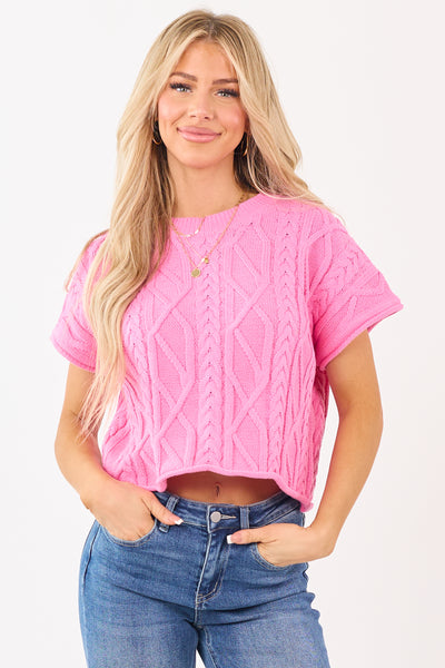 Entro Bubblegum Short Sleeve Cable Knit Sweater Top | Lime Lush
