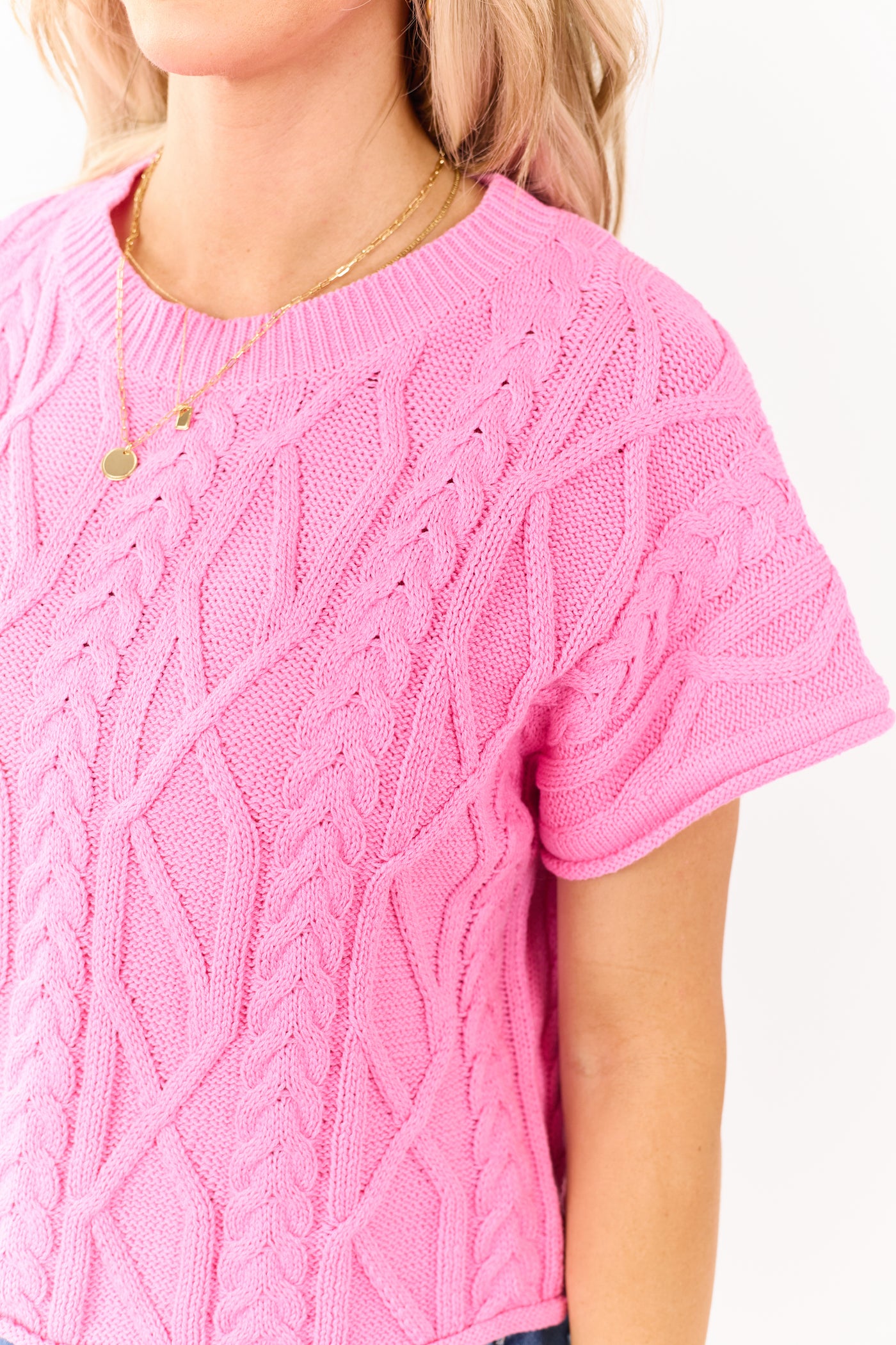 Entro Bubblegum Short Sleeve Cable Knit Sweater Top