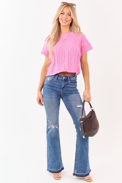 Entro Bubblegum Short Sleeve Cable Knit Sweater Top