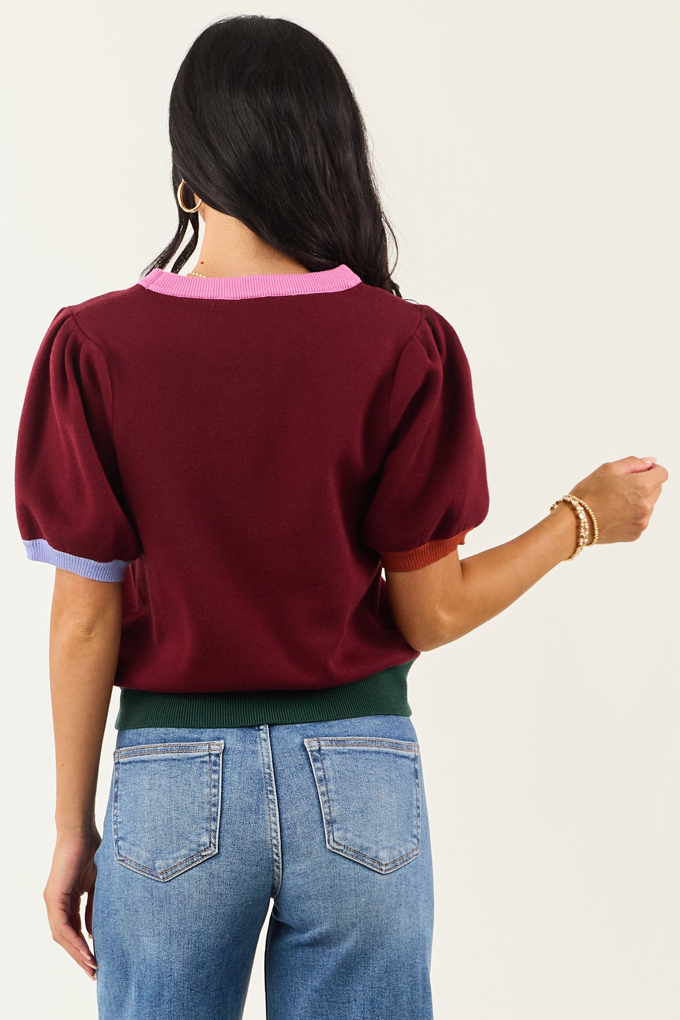 Entro Burgundy Colorblock Puff Sleeve Sweater Top