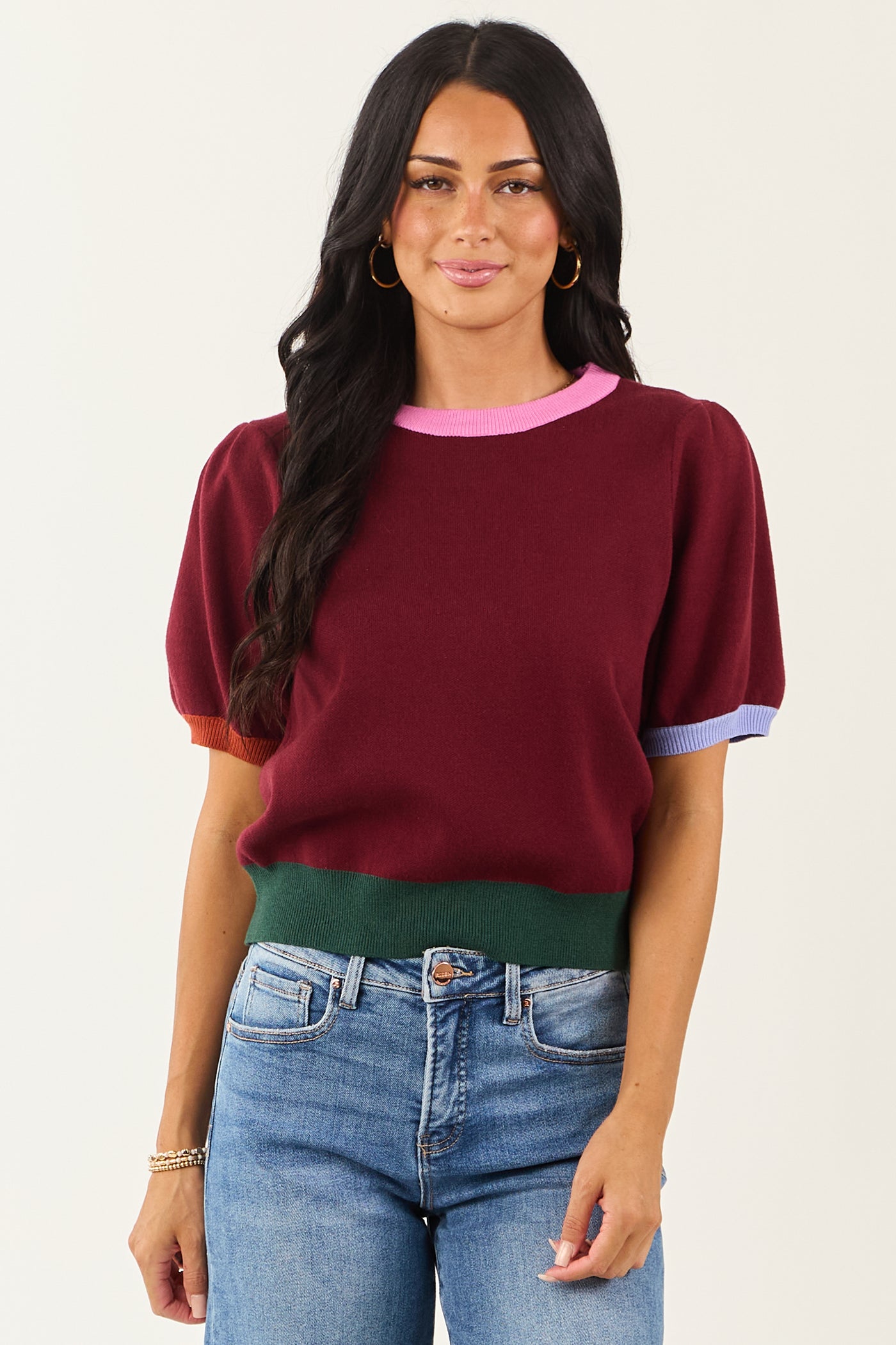 Entro Burgundy Colorblock Puff Sleeve Sweater Top