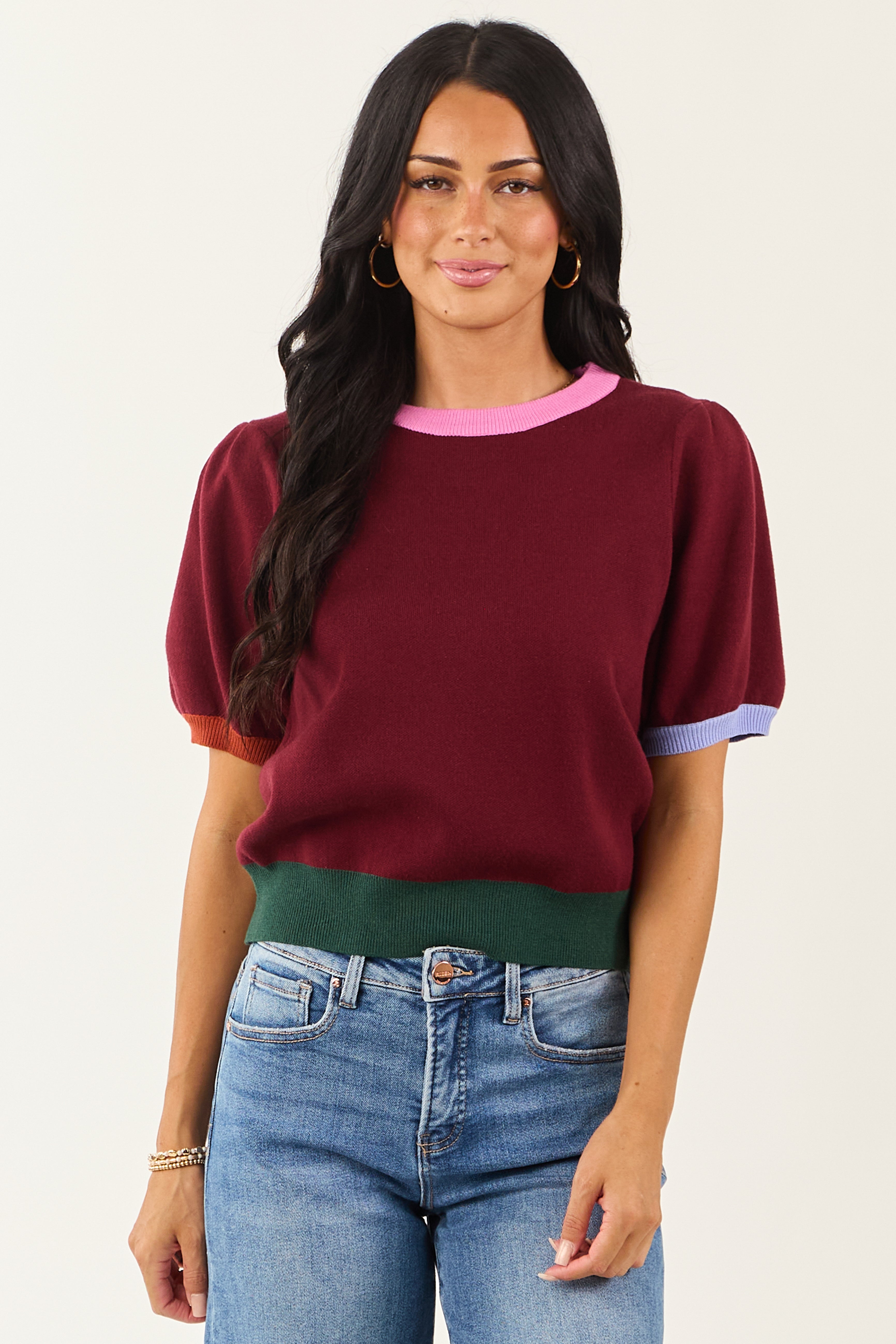 Entro Burgundy Colorblock Puff Sleeve Sweater Top