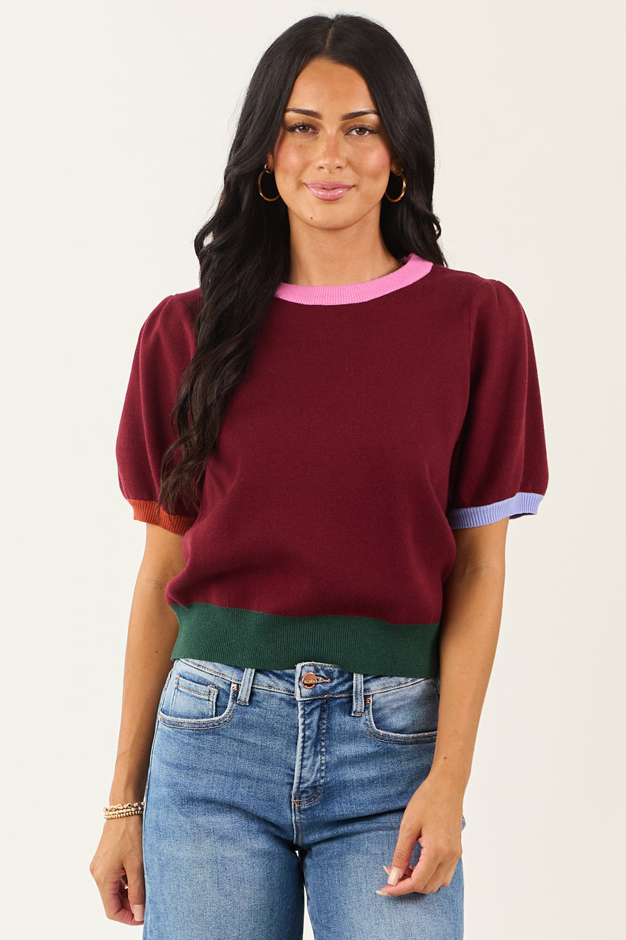 Entro Burgundy Colorblock Puff Sleeve Sweater Top