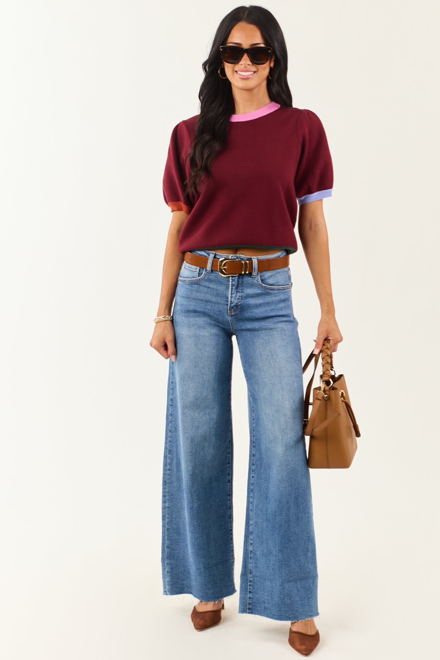 Entro Burgundy Colorblock Puff Sleeve Sweater Top