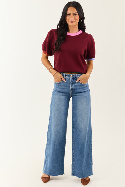 Entro Burgundy Colorblock Puff Sleeve Sweater Top