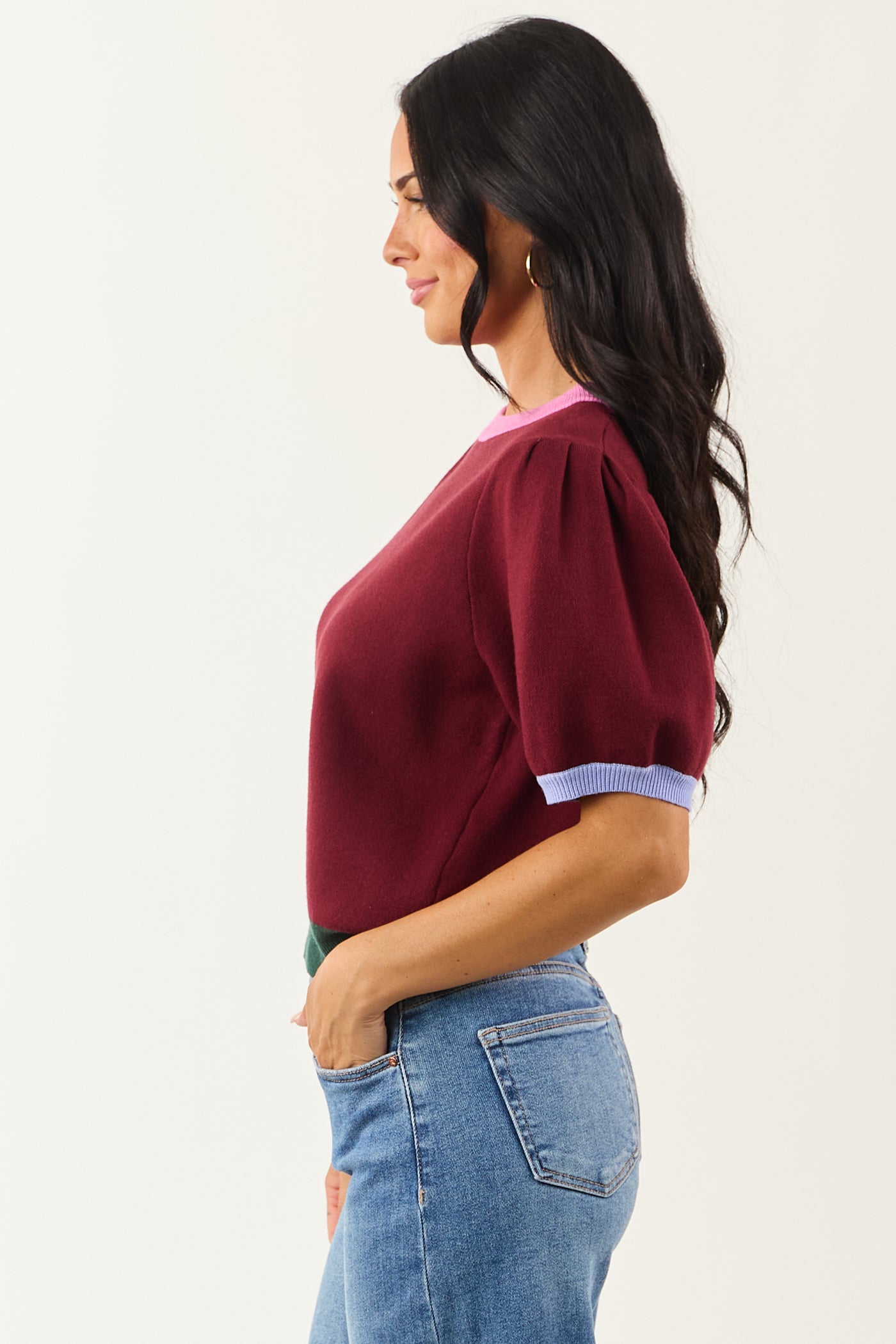 Entro Burgundy Colorblock Puff Sleeve Sweater Top