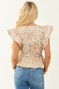 Entro Caramel Abstract Leaf Print Peplum Blouse