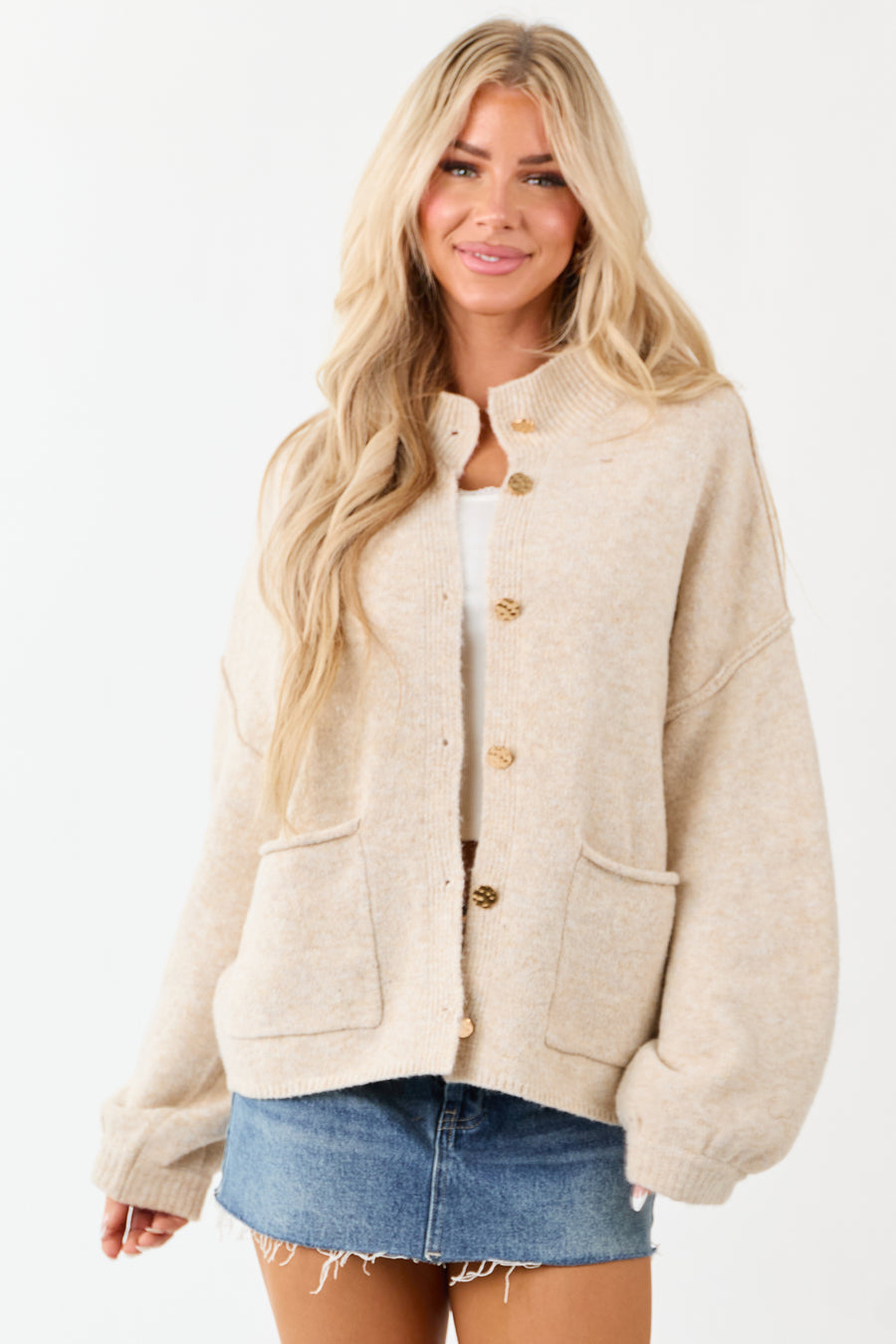 Entro Champagne Button Up Knit Wool Blend Cardigan